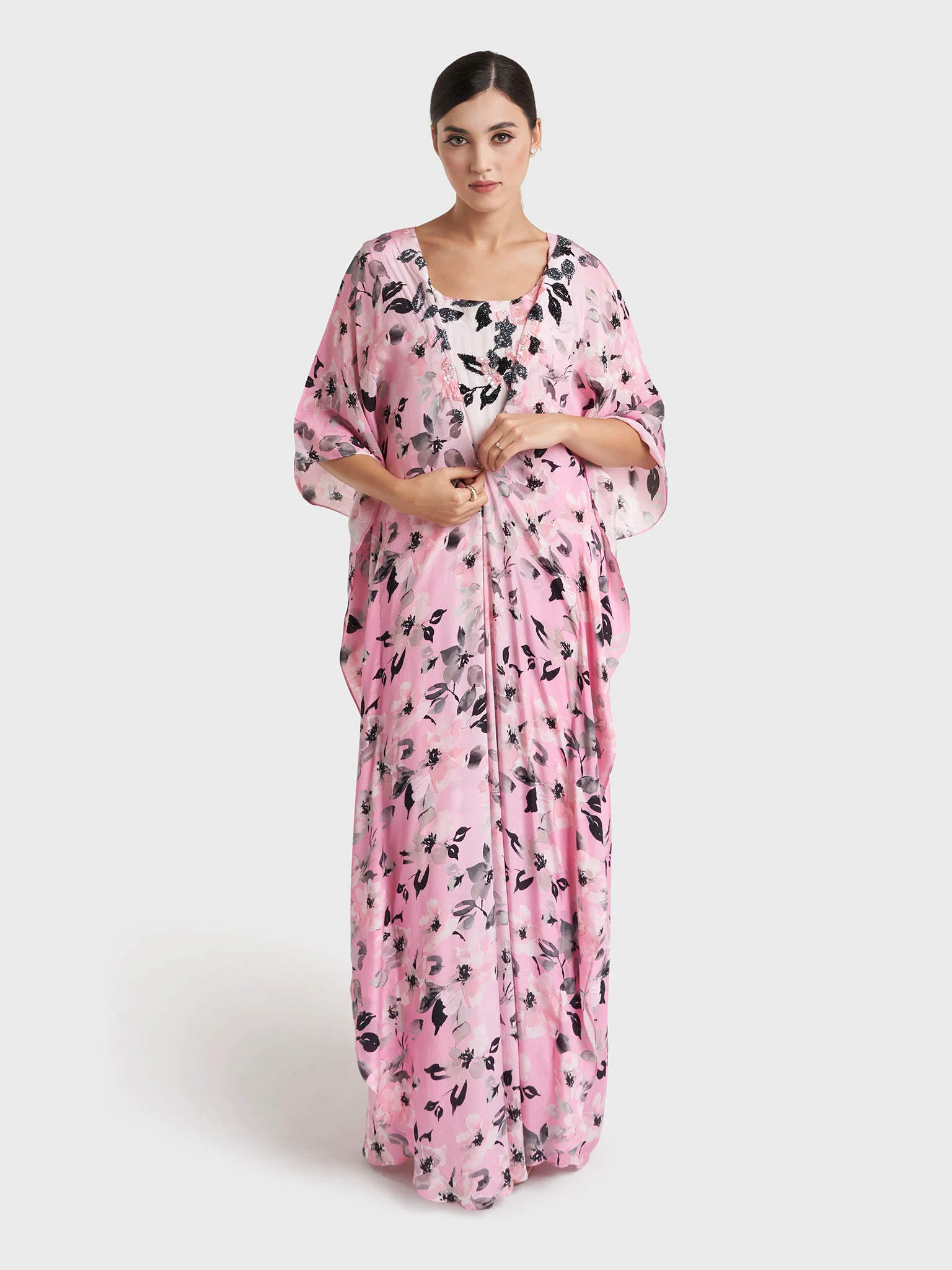 Pink Floral Print Viscose Crepe Farasha Poncho (VW474) - Image 3