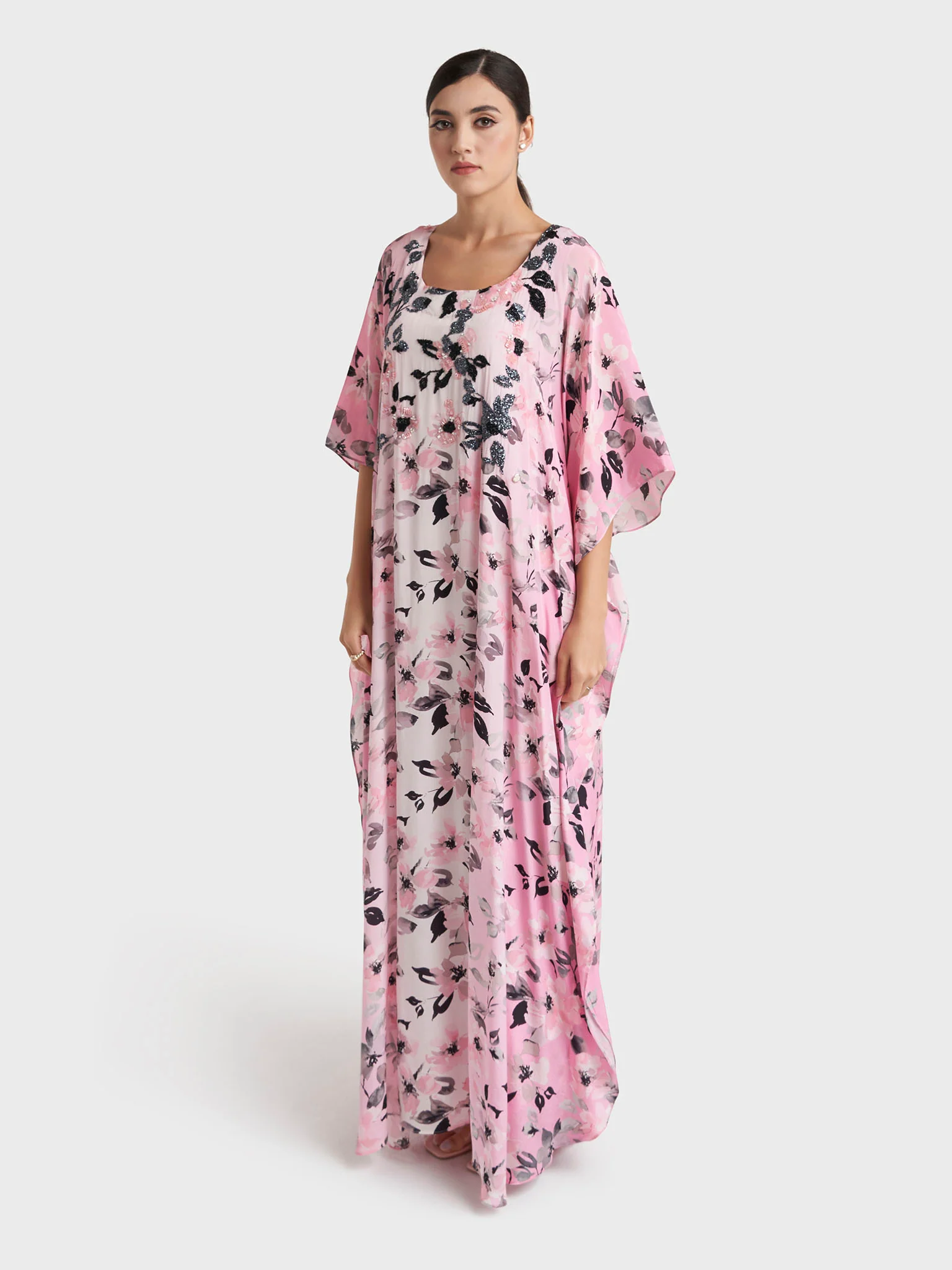 Pink Floral Print Viscose Crepe Farasha Poncho (VW474) - Image 4
