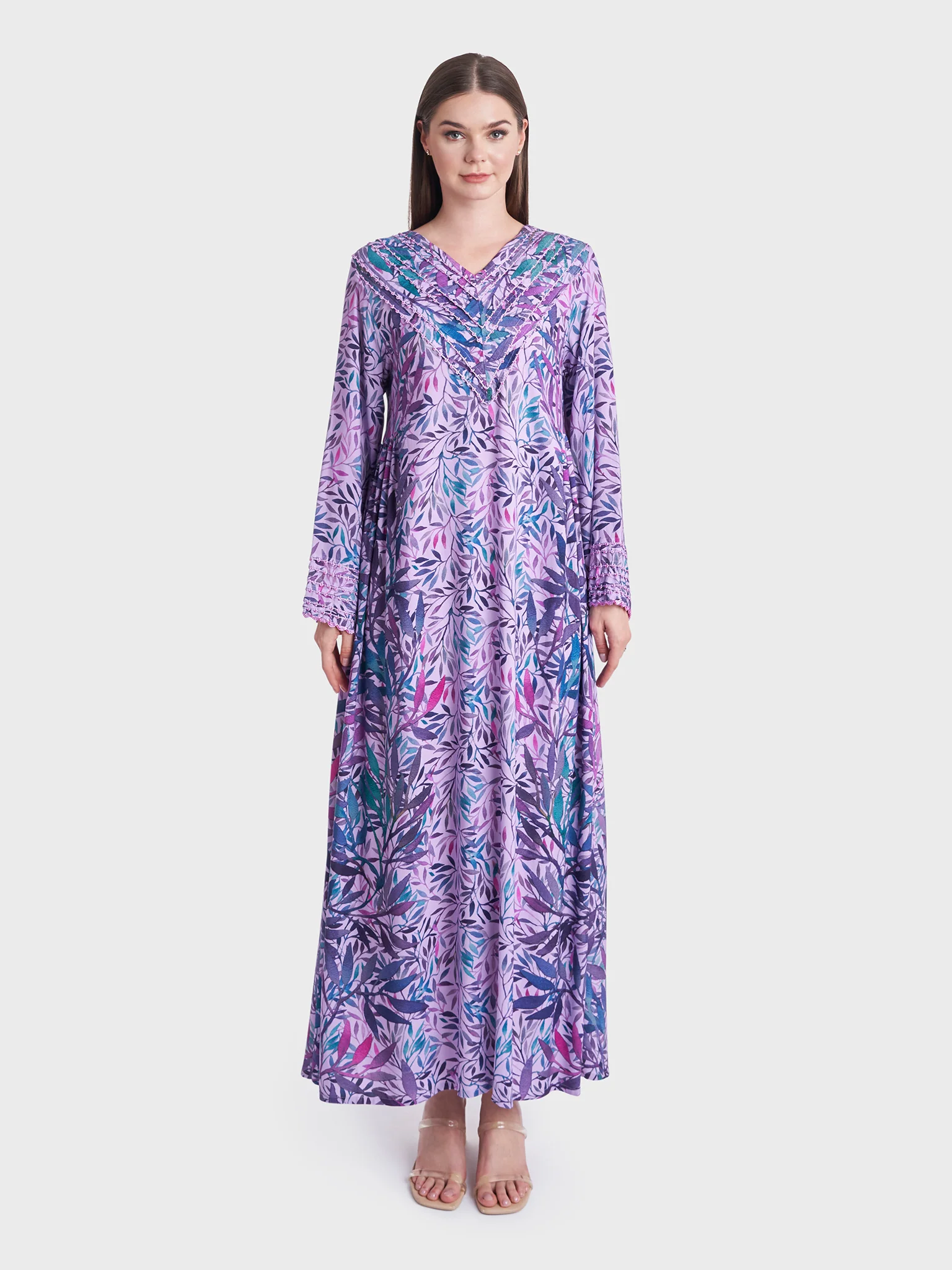 Leaves Print Rayon Crochet Work Kuwaiti Jalabiya (VG2726) - Image 3