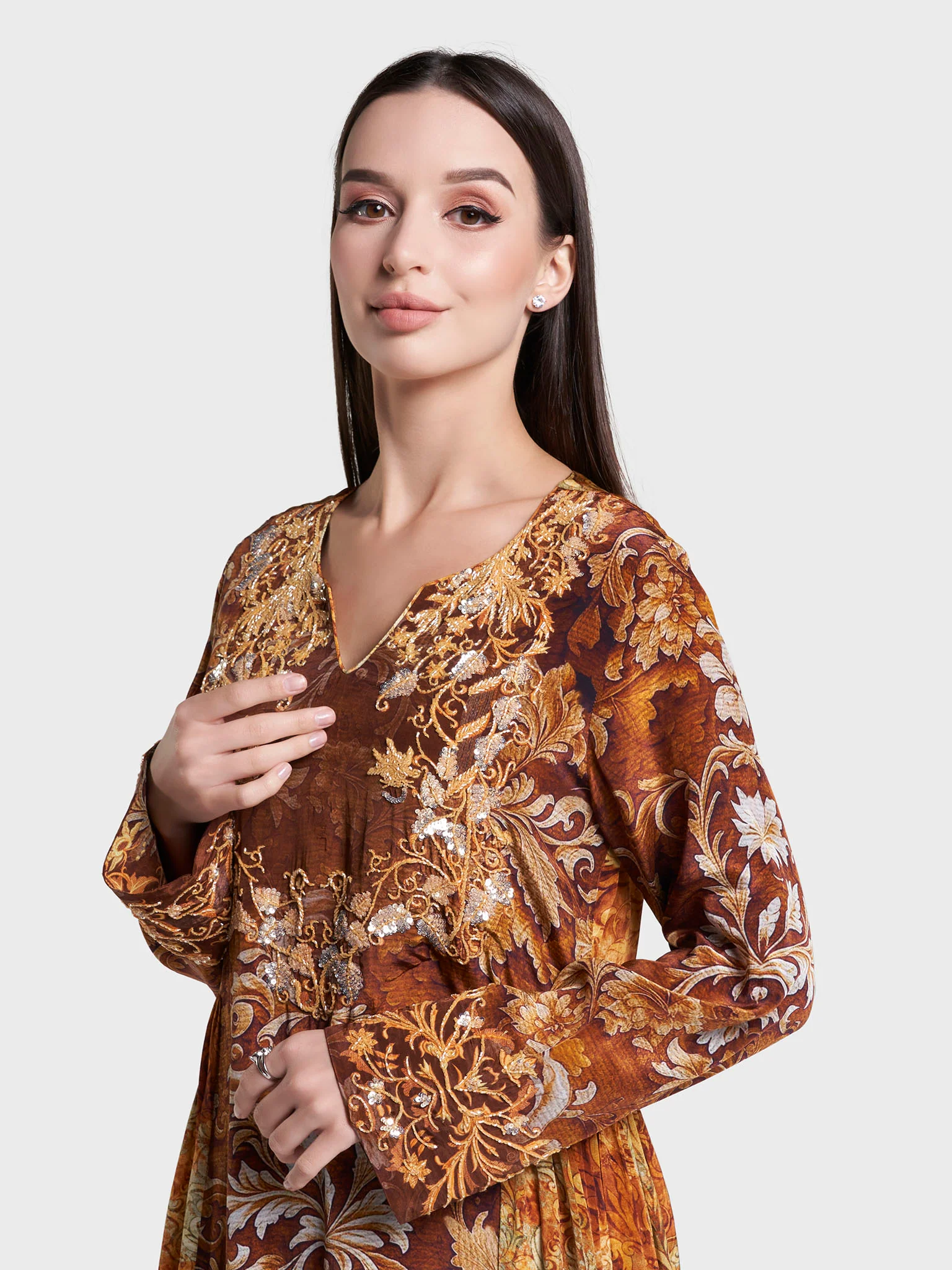 Mustard Print Hand Work Viscose Crepe Jalabiya (VW468)