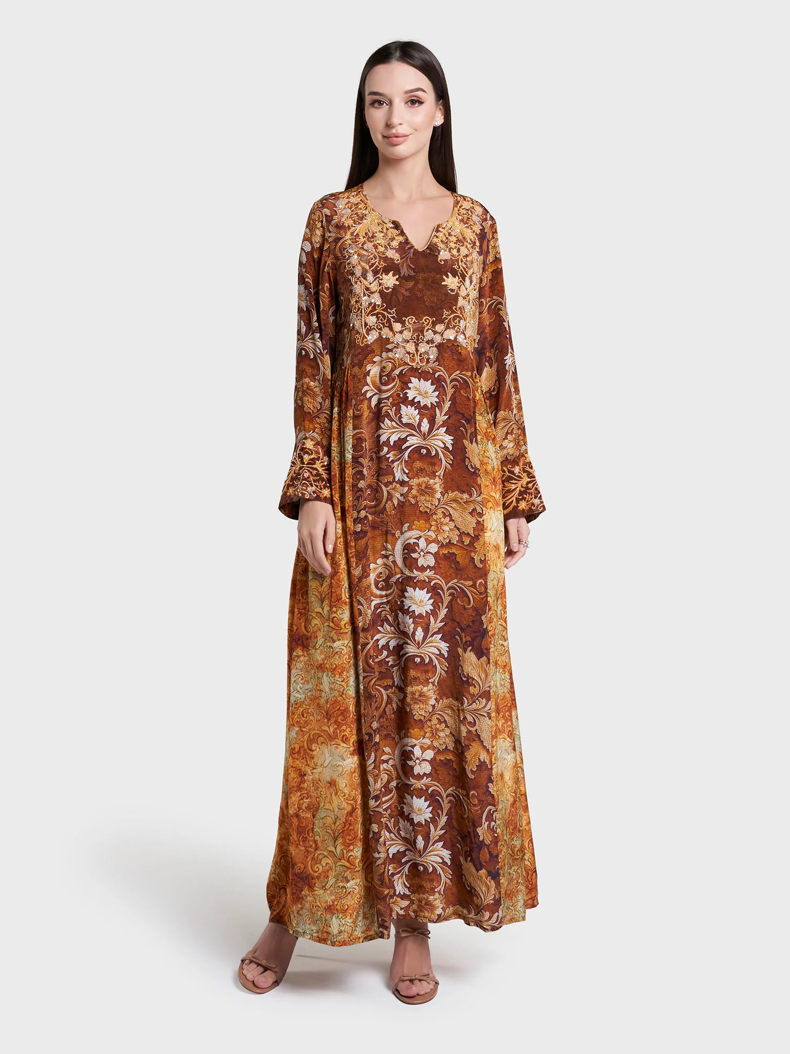 Mustard Print Hand Work Viscose Crepe Jalabiya (VW468) - Image 2