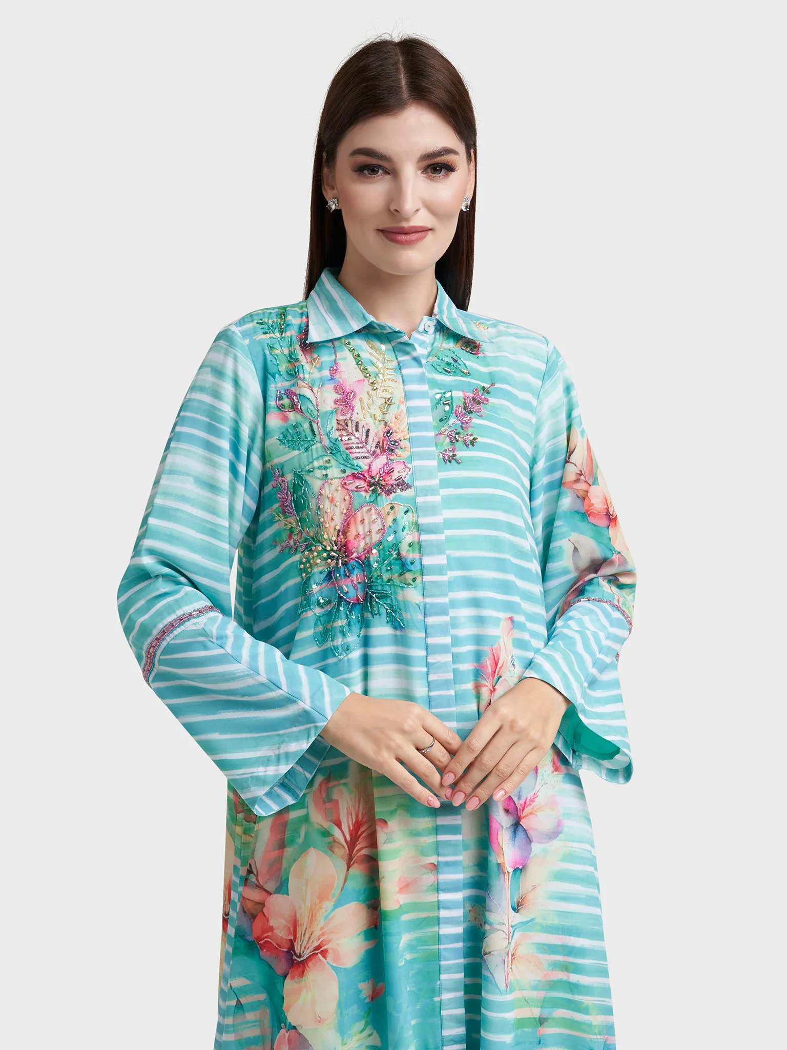 Green Georgette Floral Print Shirt Dress (VDE373)