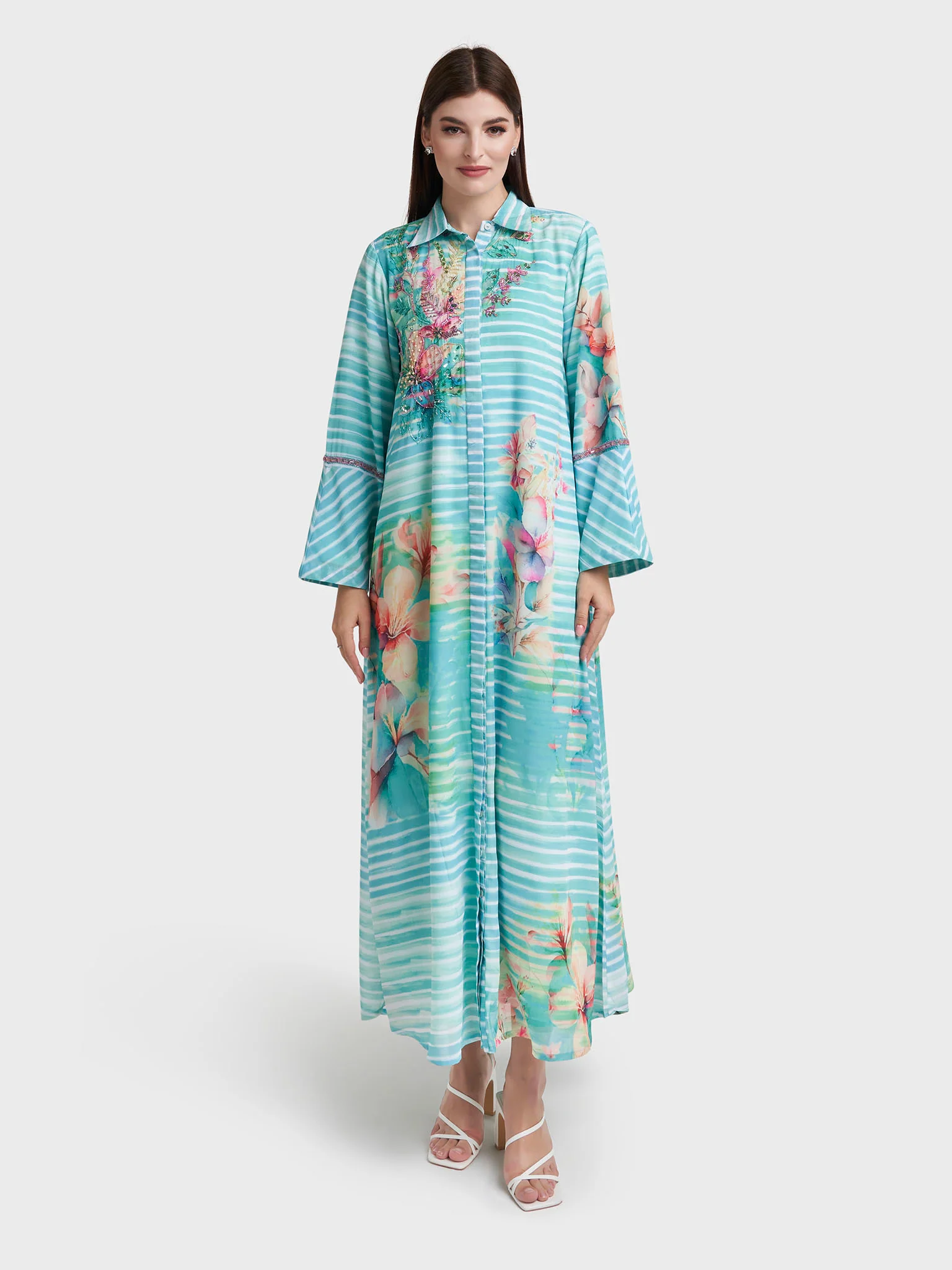 Green Georgette Floral Print Shirt Dress (VDE373) - Image 2