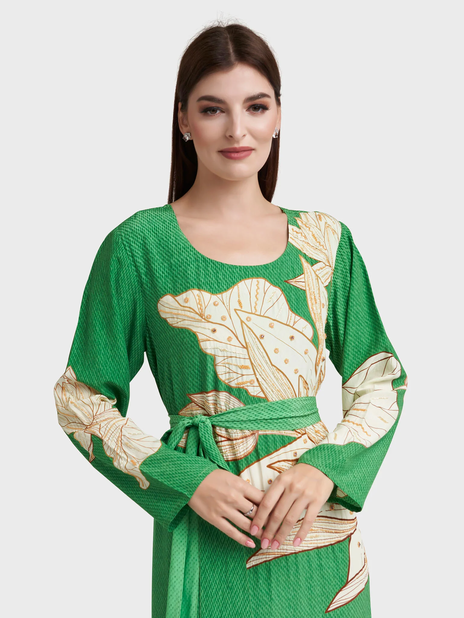 Green Viscose Crepe Floral Print Handwork Dress (VDK341)