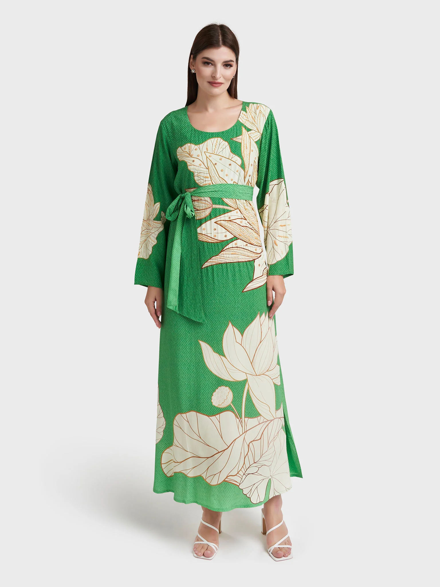 Green Viscose Crepe Floral Print Handwork Dress (VDK341) - Image 2