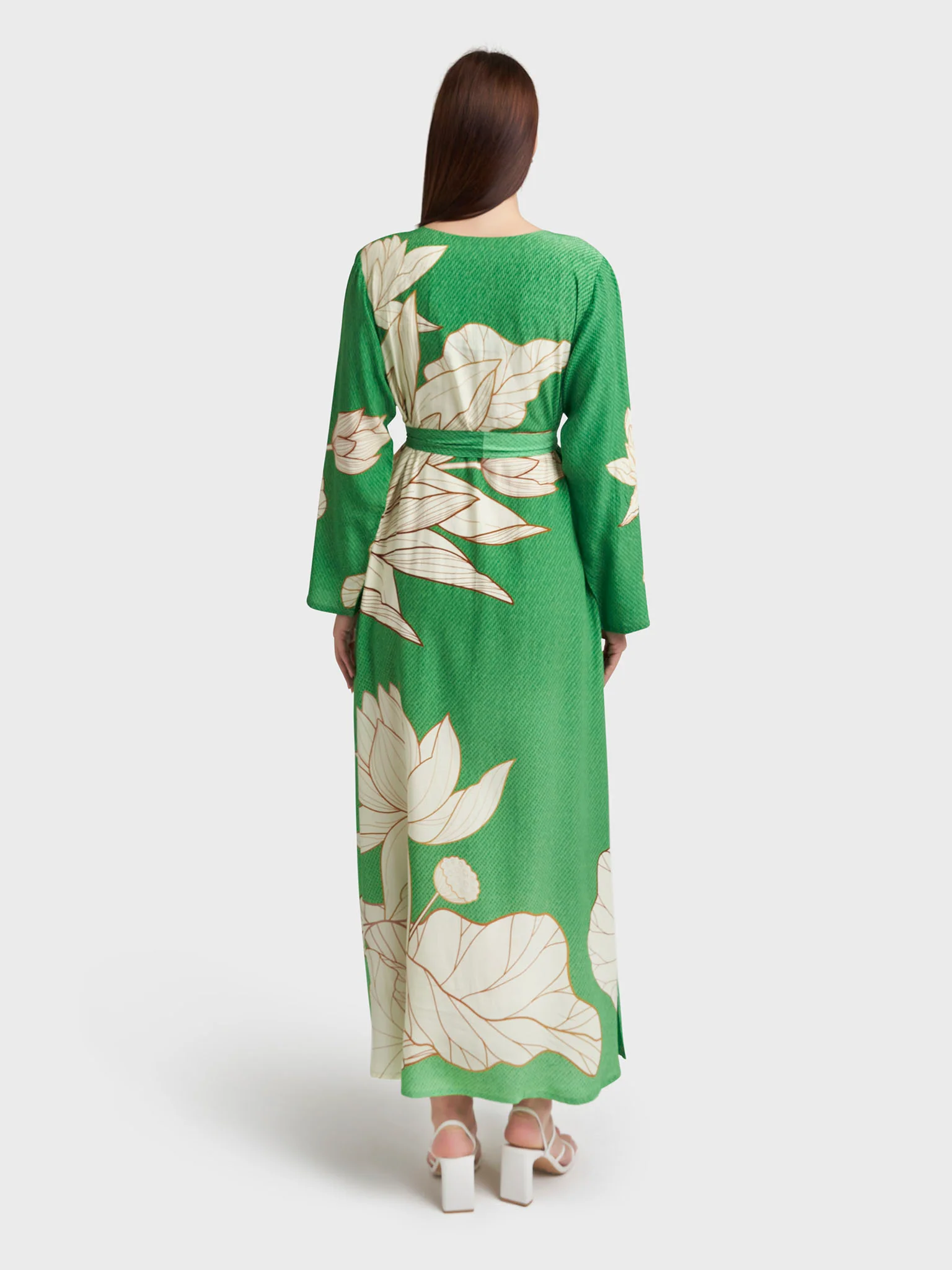 Green Viscose Crepe Floral Print Handwork Dress (VDK341) - Image 3