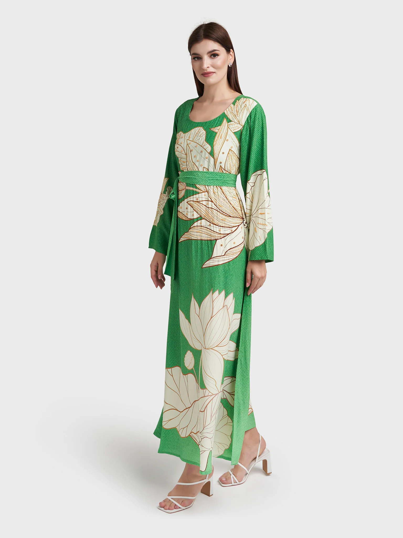 Green Viscose Crepe Floral Print Handwork Dress (VDK341) - Image 4