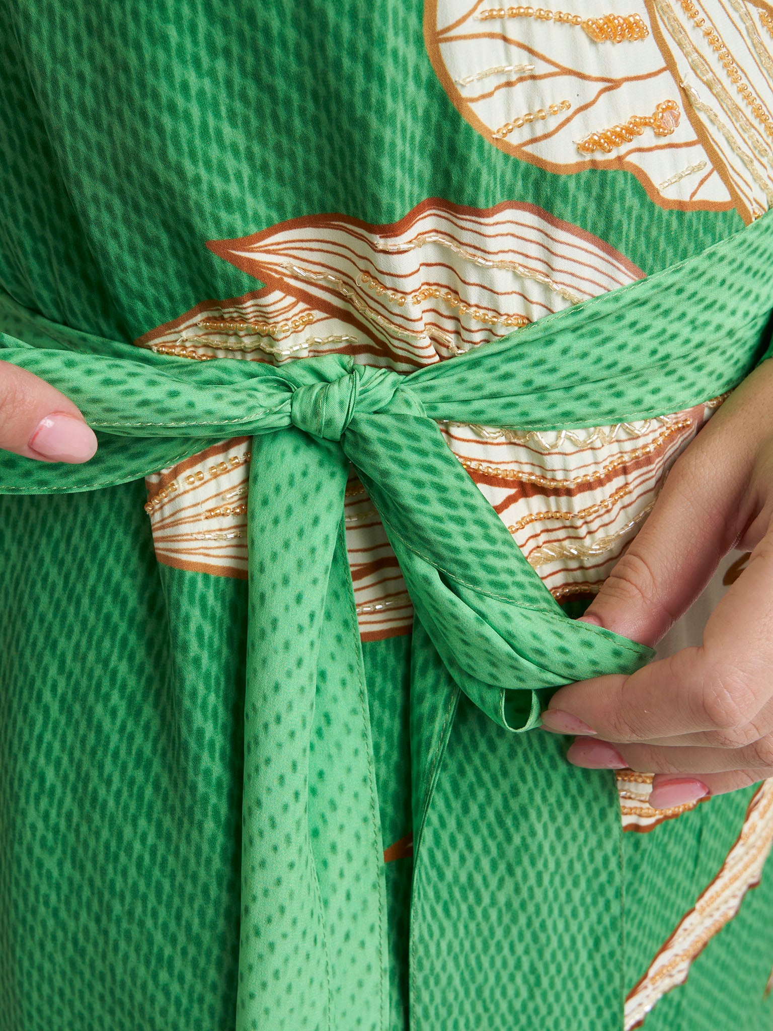 Green Viscose Crepe Floral Print Handwork Dress (VDK341) - Image 5