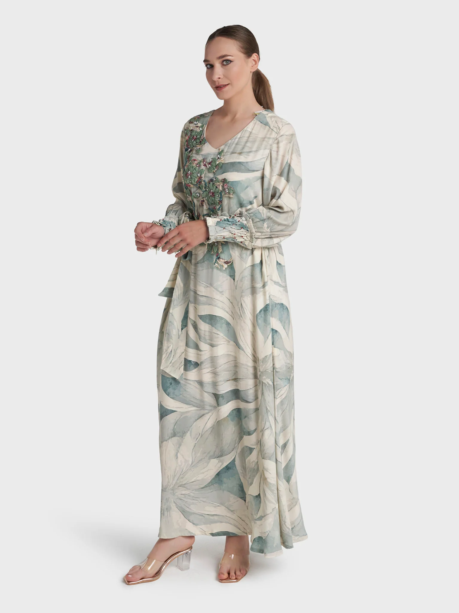 Sage Green Colour Hand Work Viscose Crepe Floral Printed Dress (VDK343) - Image 3