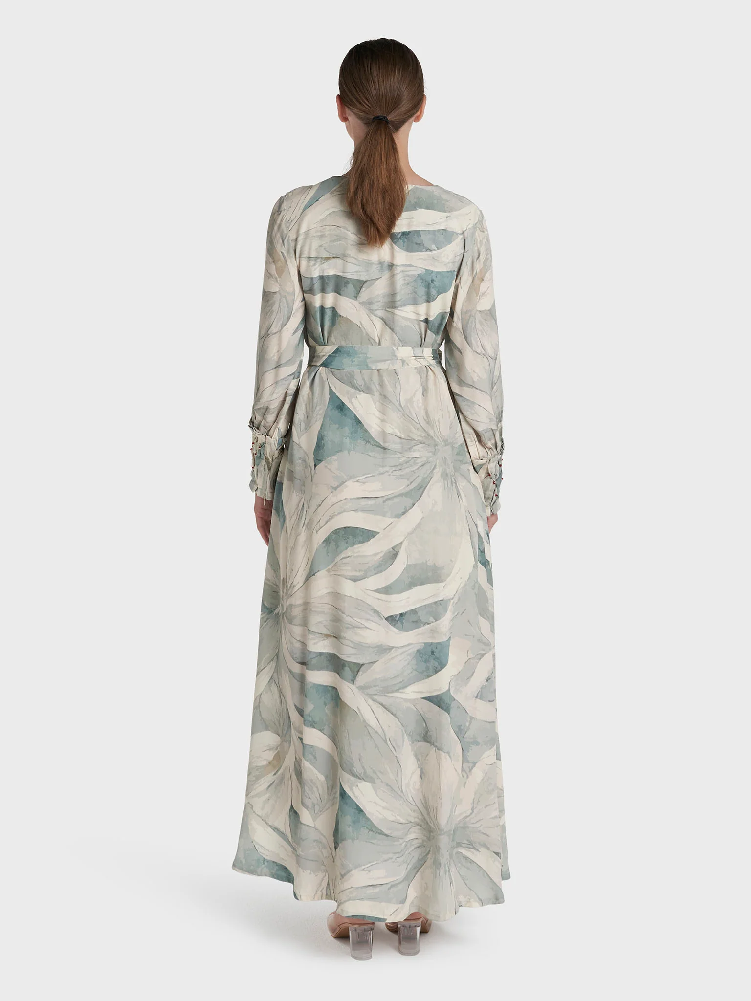 Sage Green Colour Hand Work Viscose Crepe Floral Printed Dress (VDK343) - Image 4