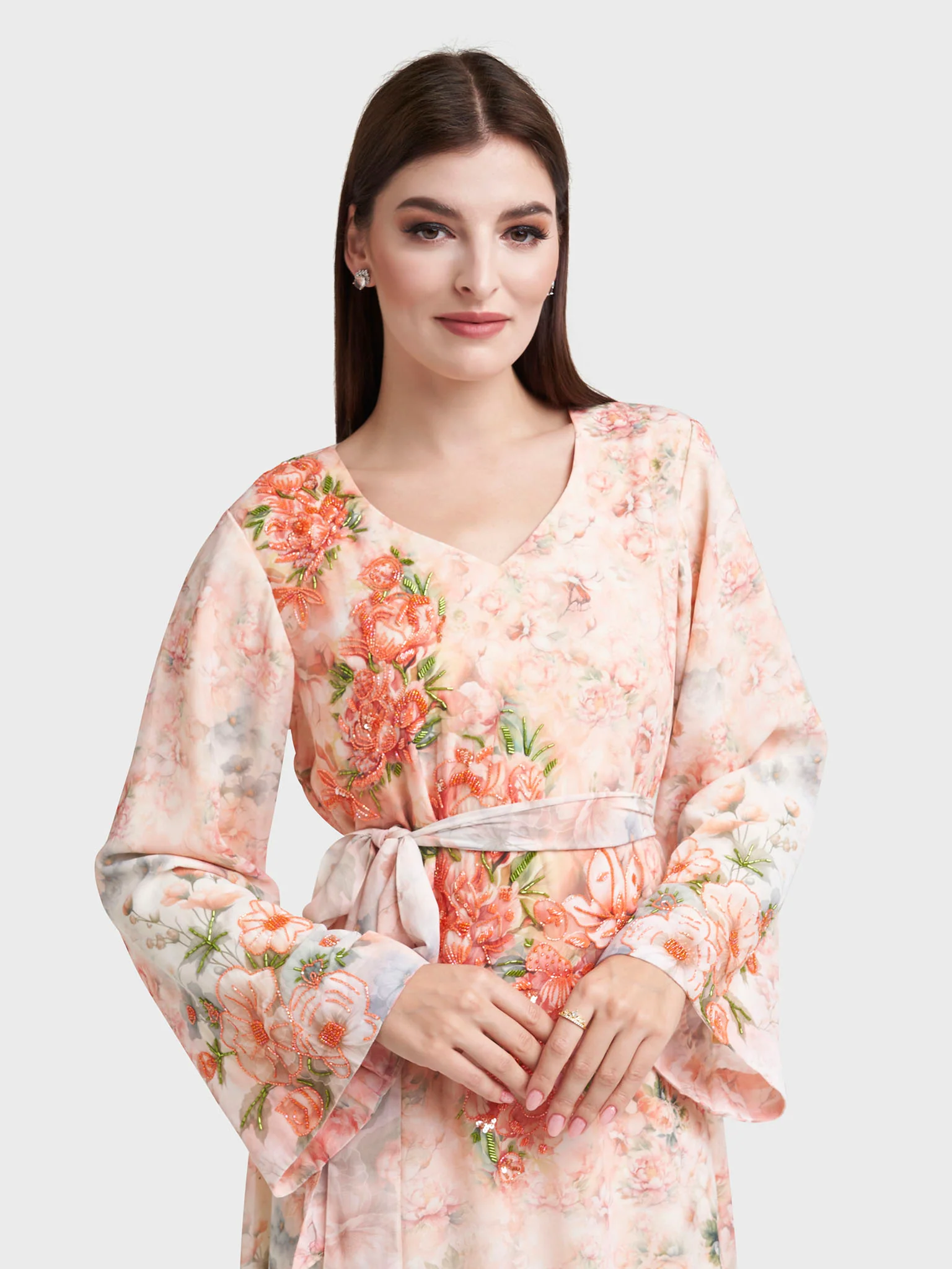 Peach Georgette Floral Print Dress with Handwork (VDK380)