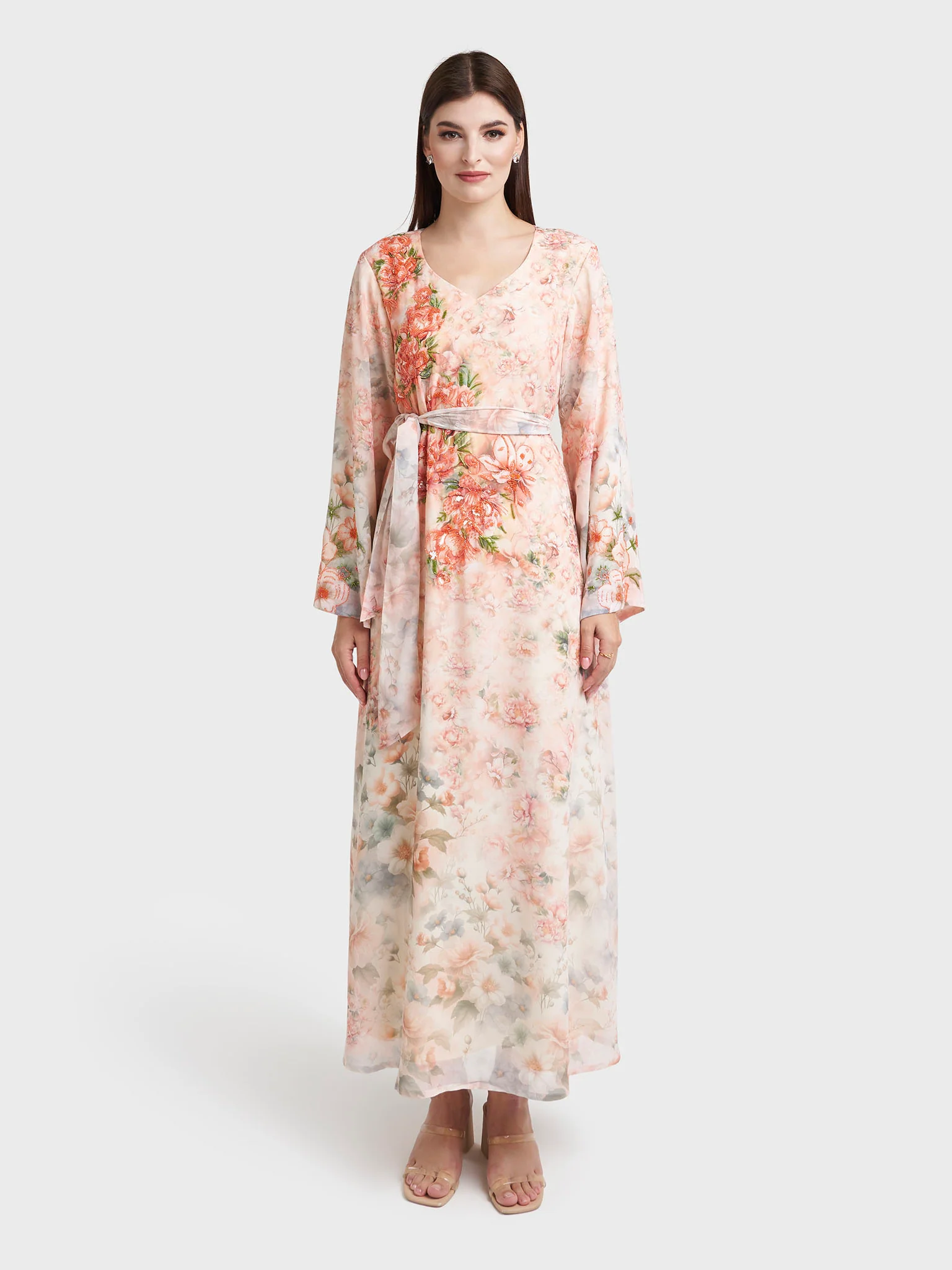 Peach Georgette Floral Print Dress with Handwork (VDK380) - Image 2