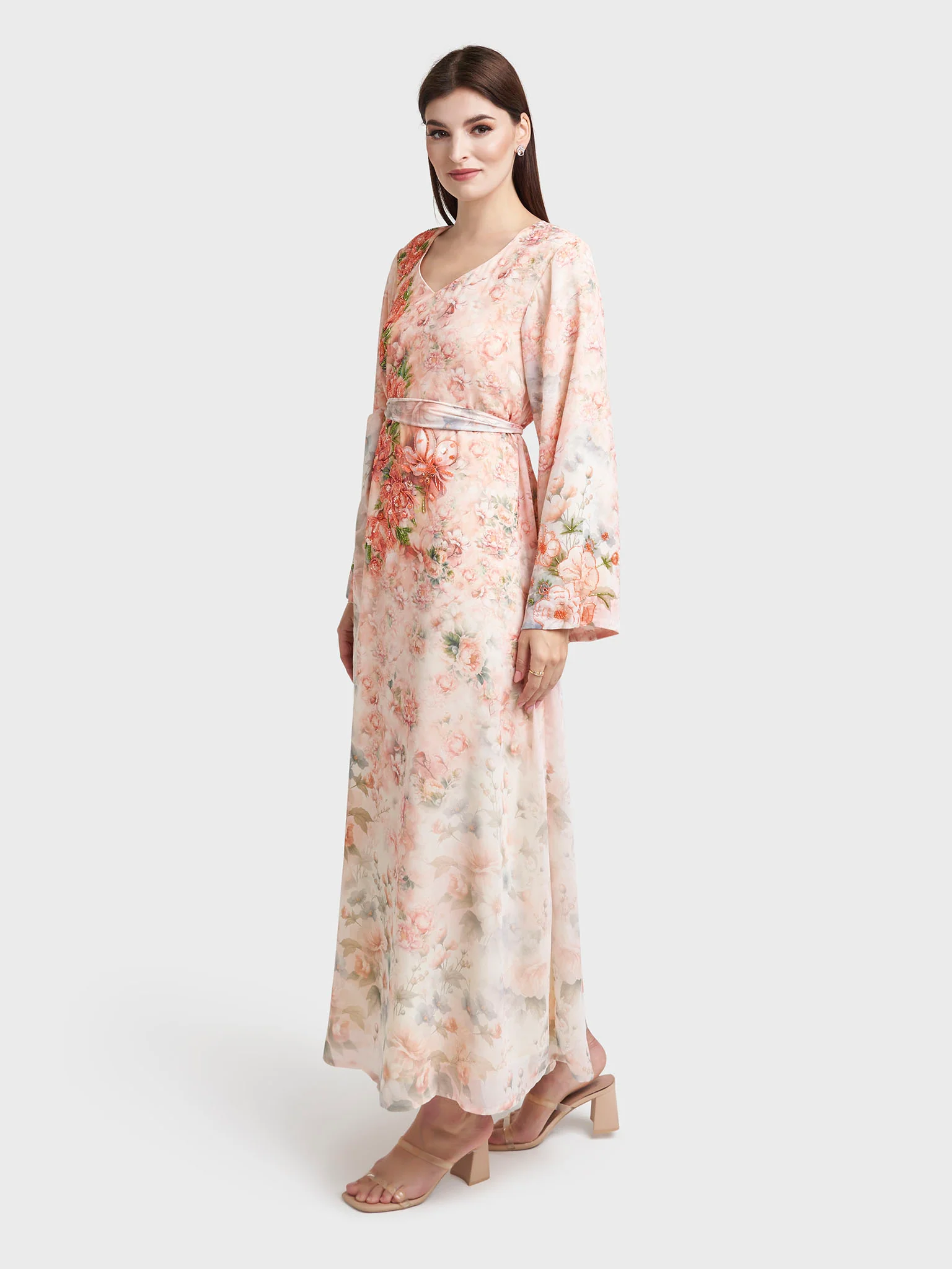 Peach Georgette Floral Print Dress with Handwork (VDK380) - Image 3