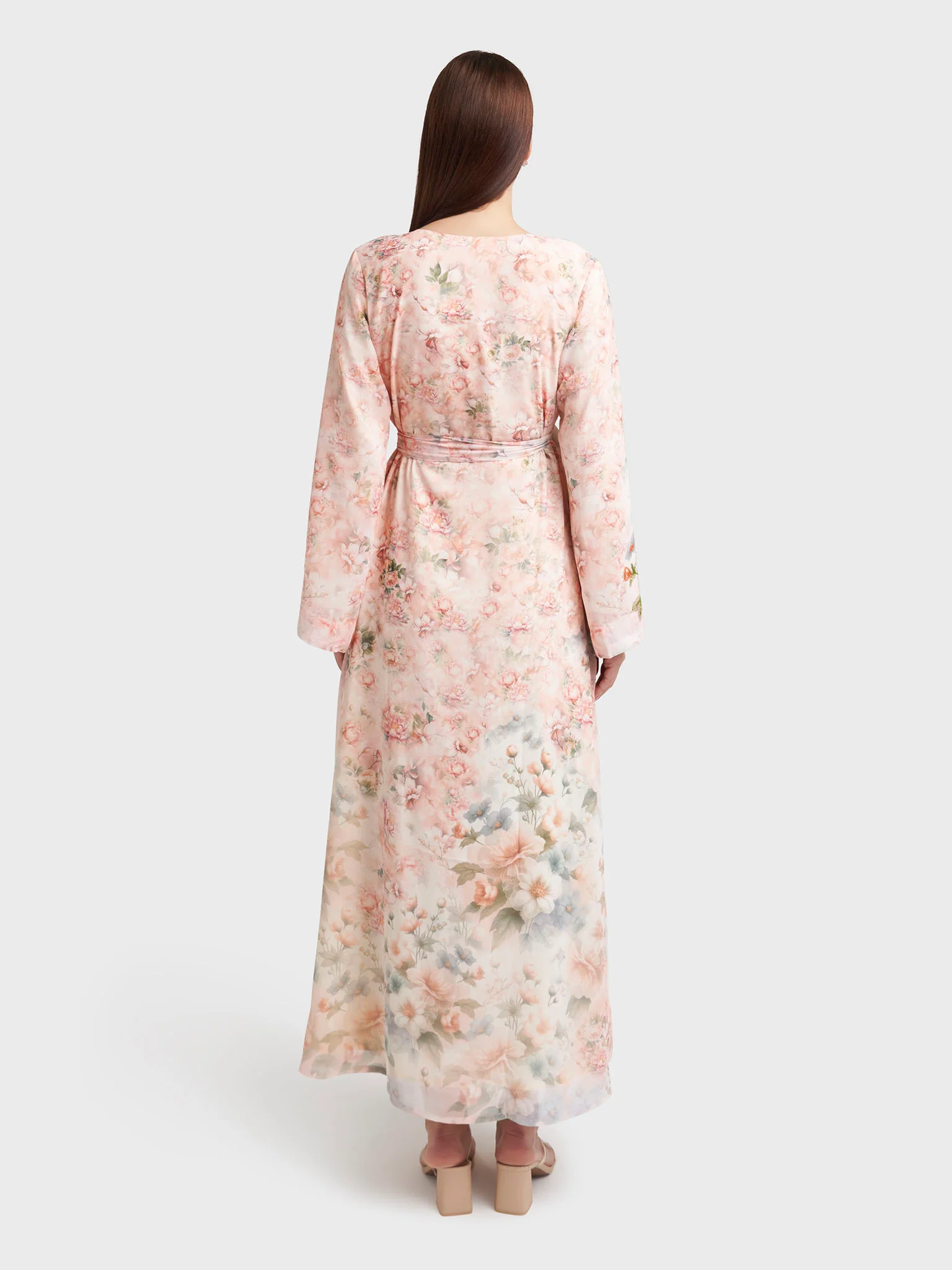 Peach Georgette Floral Print Dress with Handwork (VDK380) - Image 4