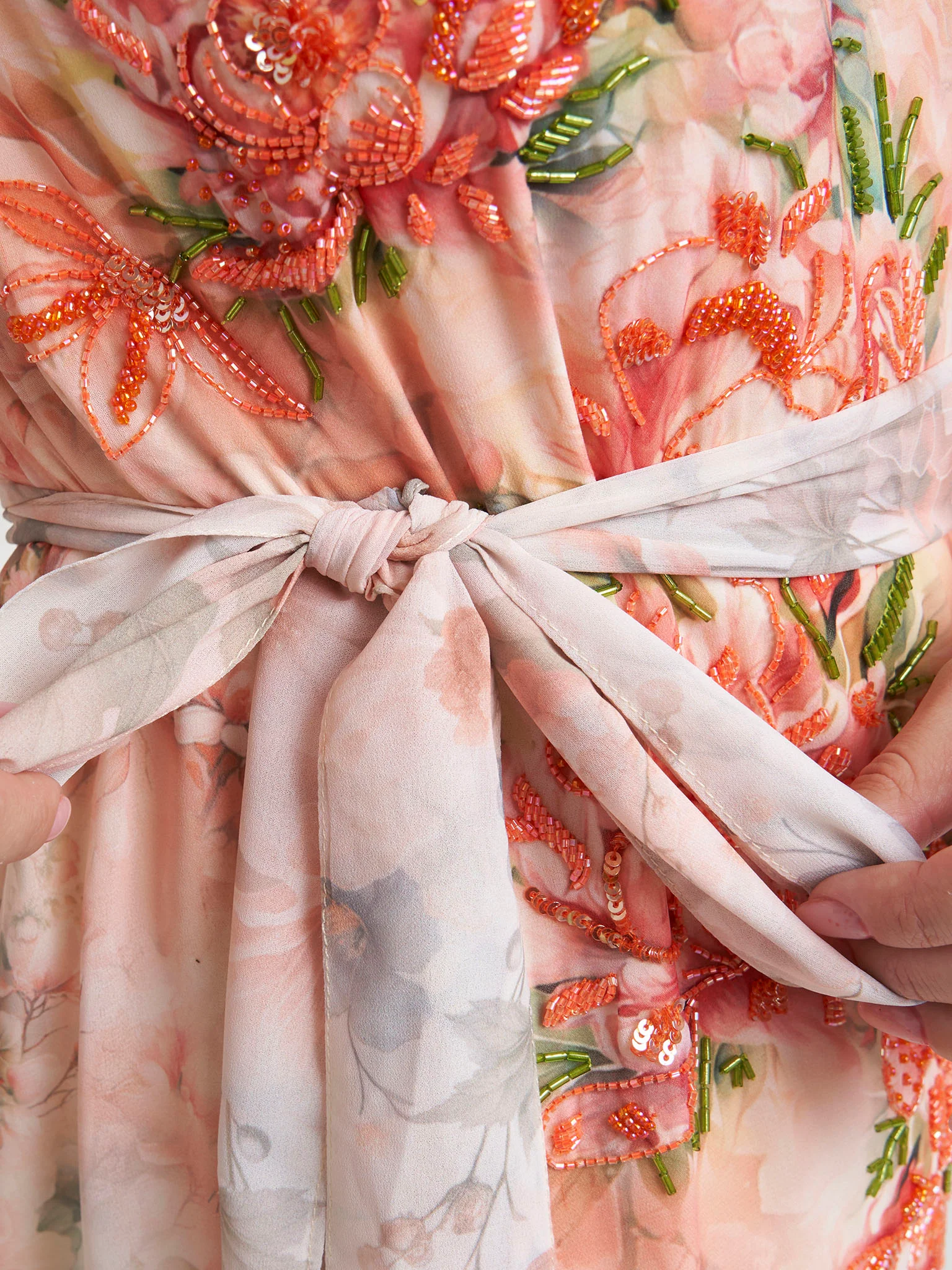 Peach Georgette Floral Print Dress with Handwork (VDK380) - Image 5
