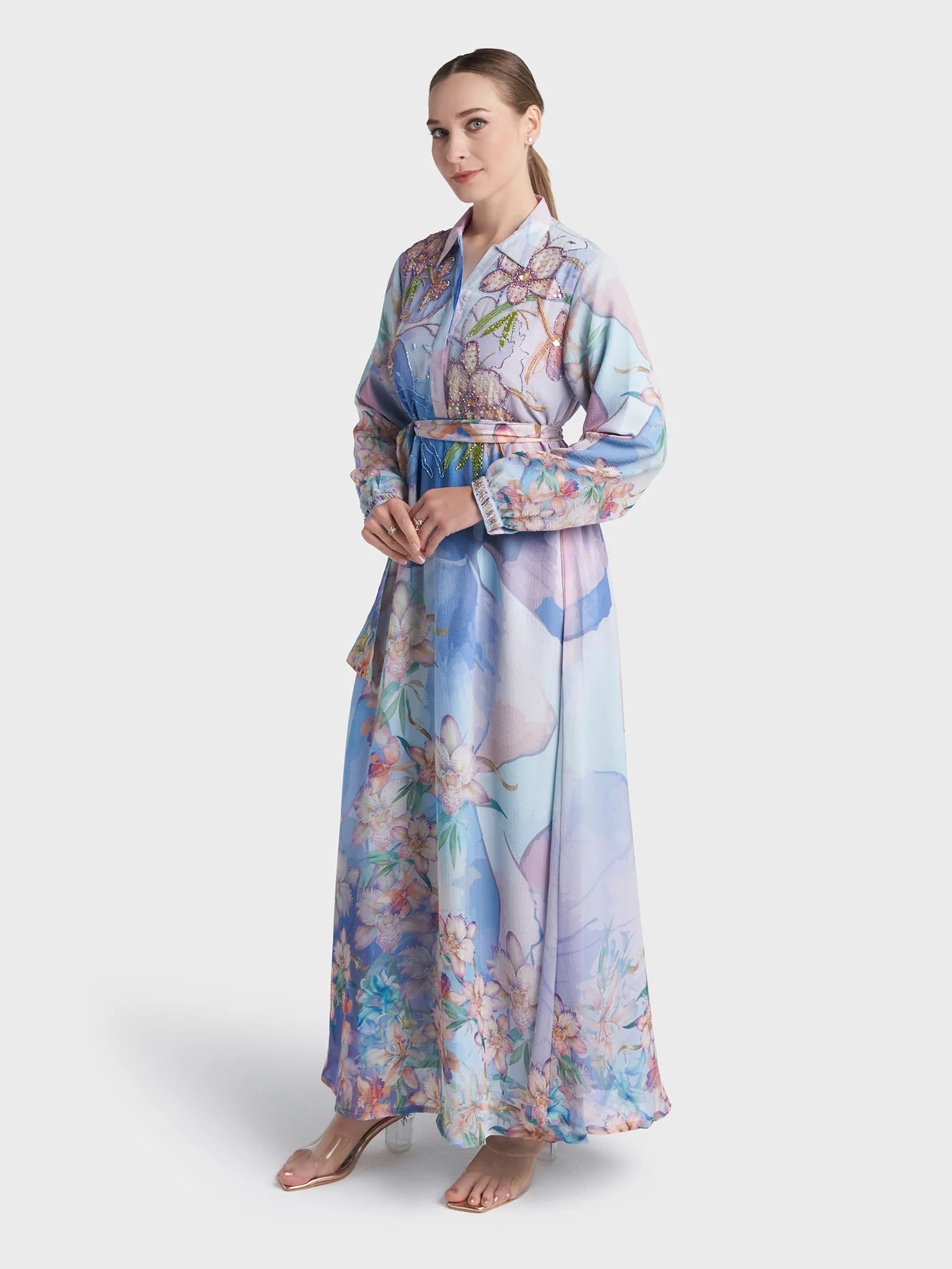 Dust Blue Colour Hand Work Chiffon Floral Printed Dress (VDK381) - Image 3