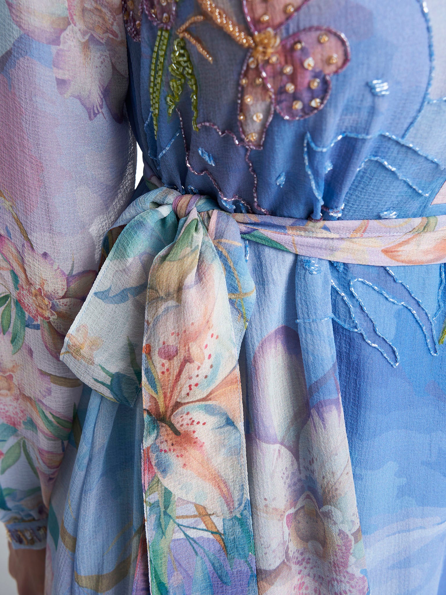 Dust Blue Colour Hand Work Chiffon Floral Printed Dress (VDK381) - Image 6