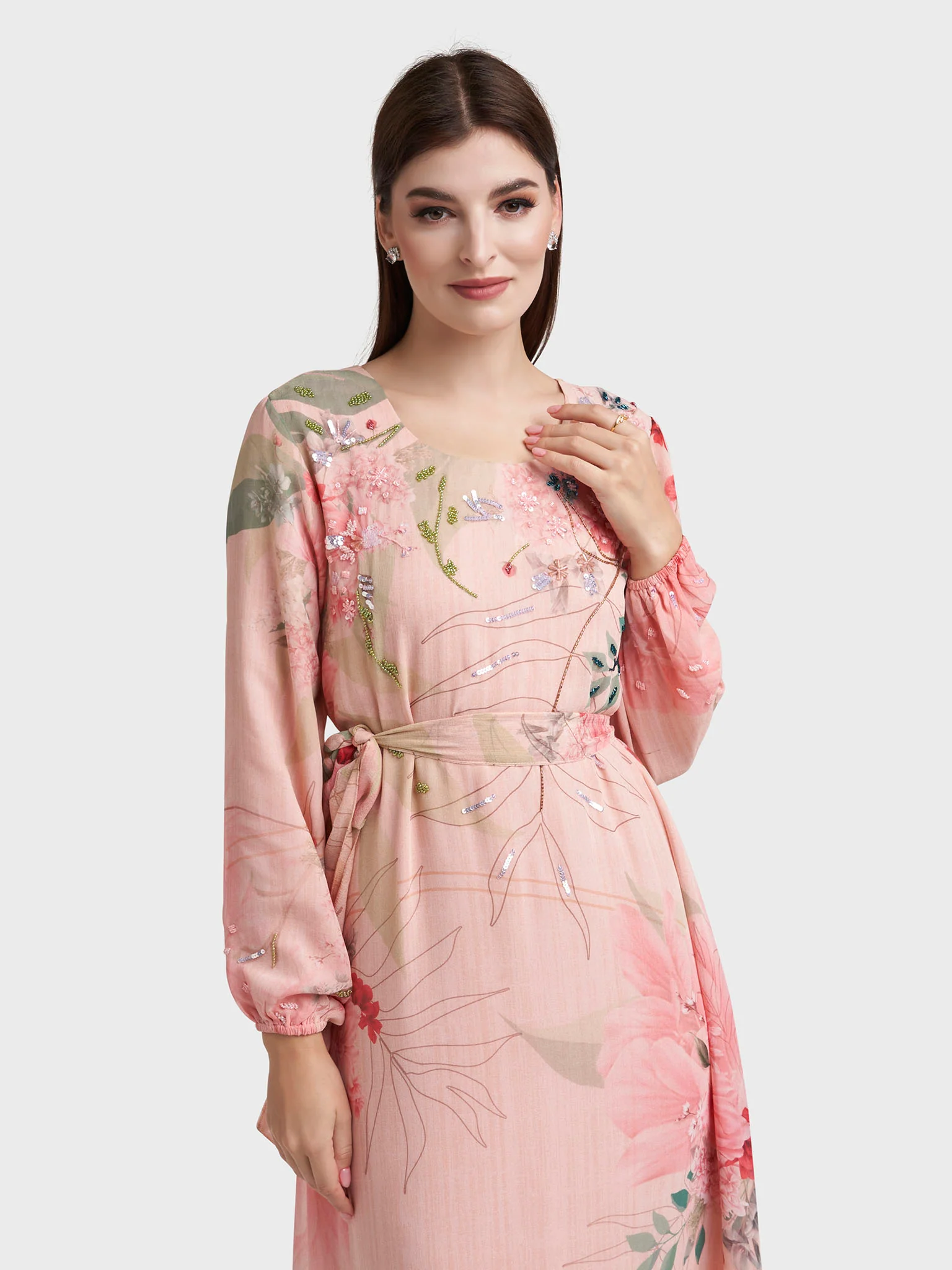 Light Pink Chiffon Floral Print Handwork Dress (VDK382)
