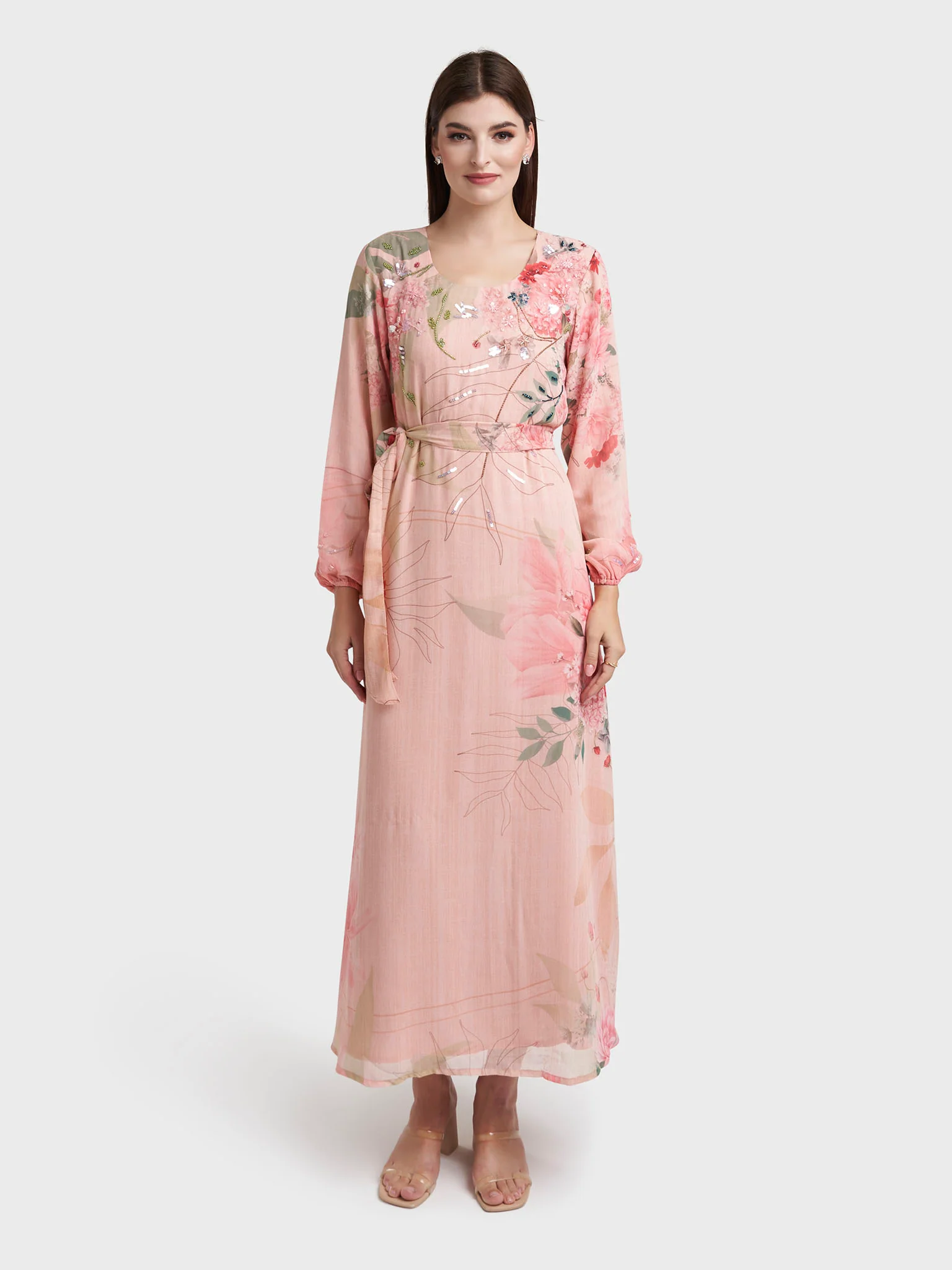 Light Pink Chiffon Floral Print Handwork Dress (VDK382) - Image 2