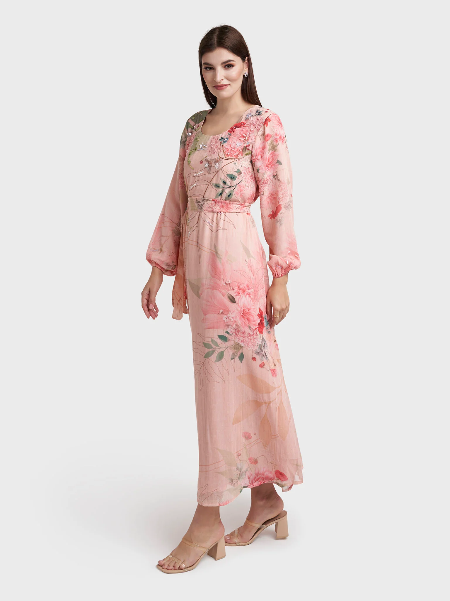 Light Pink Chiffon Floral Print Handwork Dress (VDK382) - Image 3