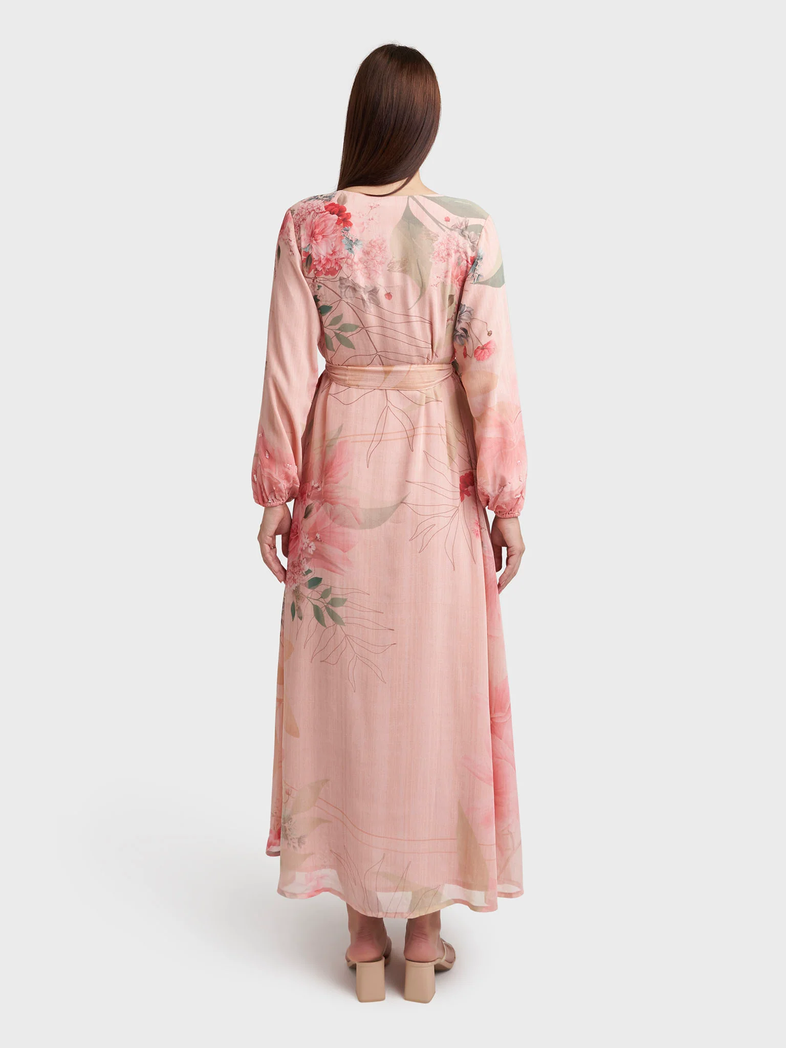 Light Pink Chiffon Floral Print Handwork Dress (VDK382) - Image 4