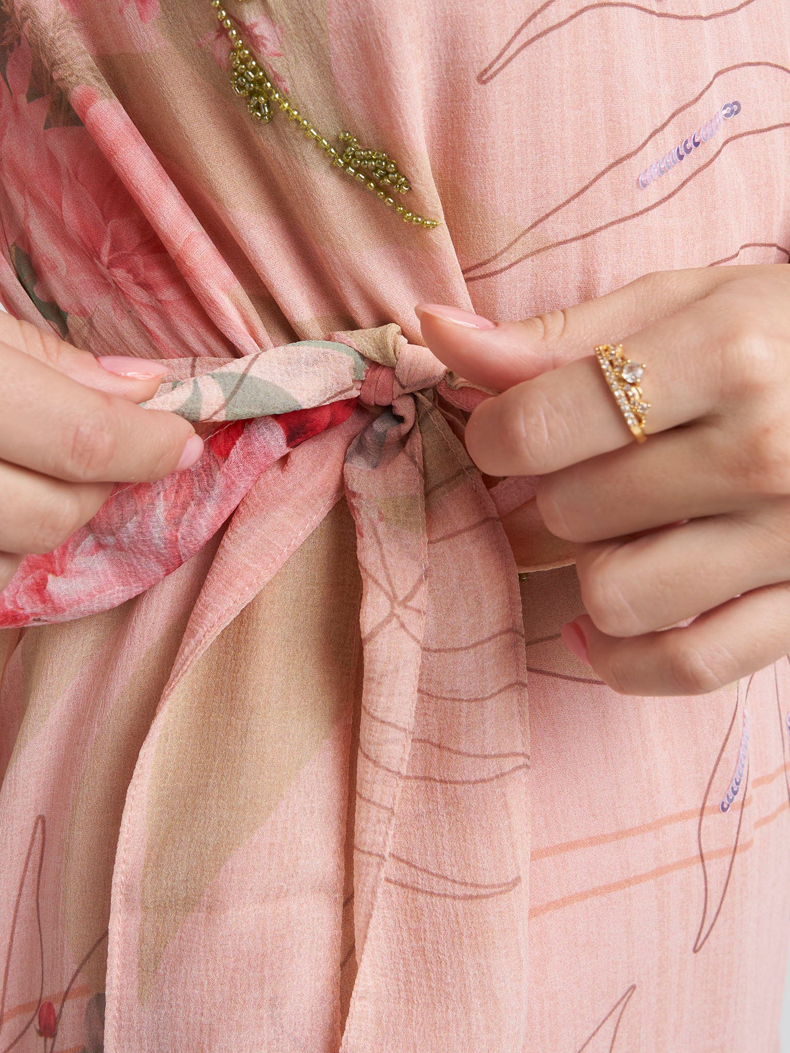 Light Pink Chiffon Floral Print Handwork Dress (VDK382) - Image 5