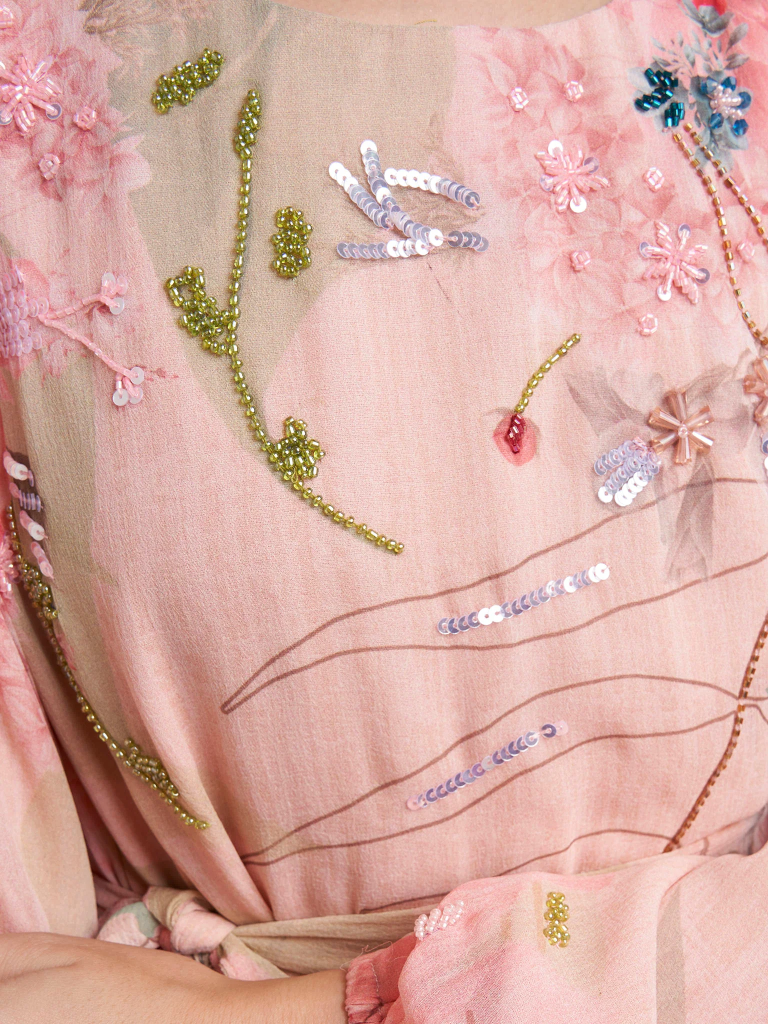 Light Pink Chiffon Floral Print Handwork Dress (VDK382) - Image 6