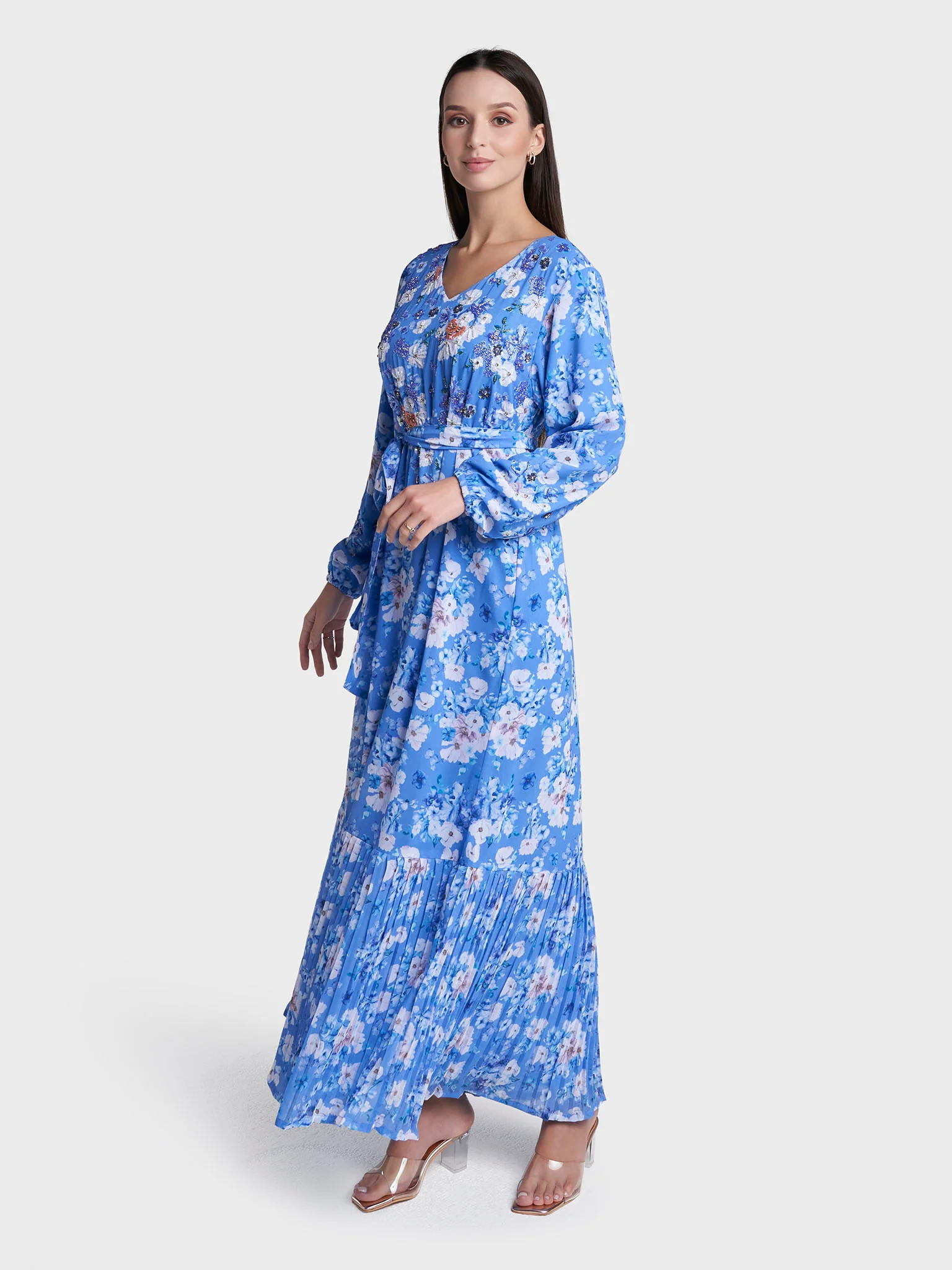 Ink Blue Colour Hand Work Georgette Floral Printed Dress (VDK392) - Image 3