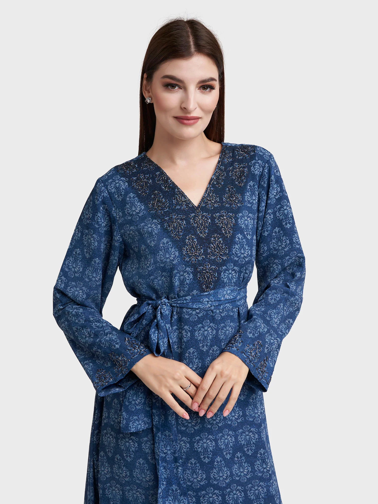Petrol Blue Georgette Damask Print Dress with Beads Work (VDM917)