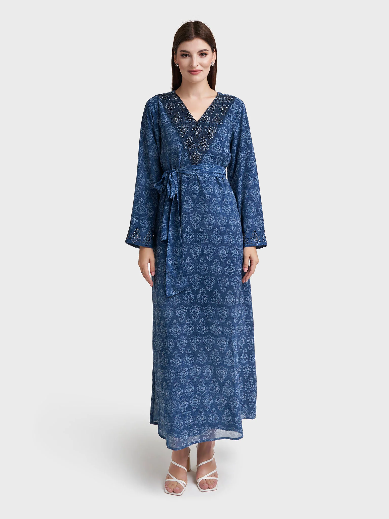 Petrol Blue Georgette Damask Print Dress with Beads Work (VDM917) - Image 2