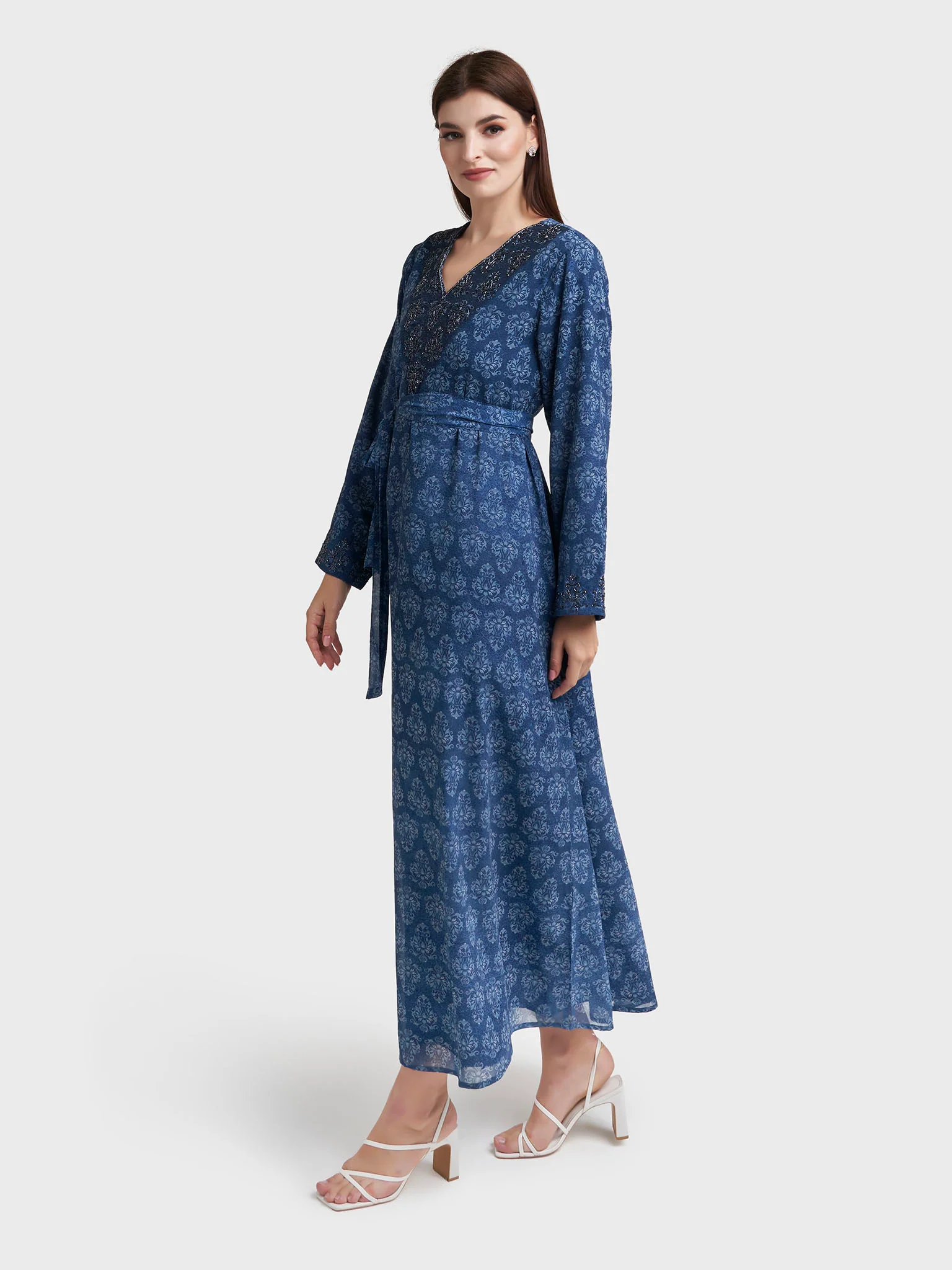 Petrol Blue Georgette Damask Print Dress with Beads Work (VDM917) - Image 3
