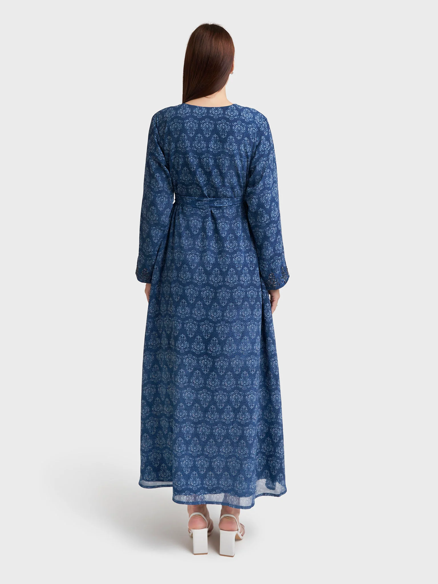 Petrol Blue Georgette Damask Print Dress with Beads Work (VDM917) - Image 4