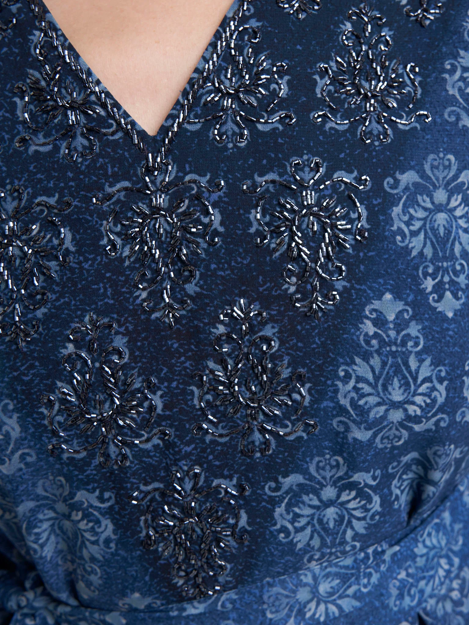 Petrol Blue Georgette Damask Print Dress with Beads Work (VDM917) - Image 6