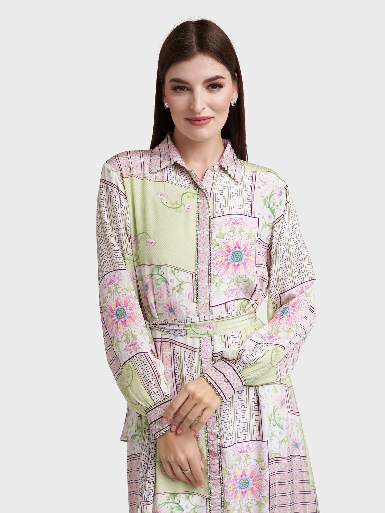 Pistachio Viscose Crepe Abstract Print Shirt Dress (VDM935)