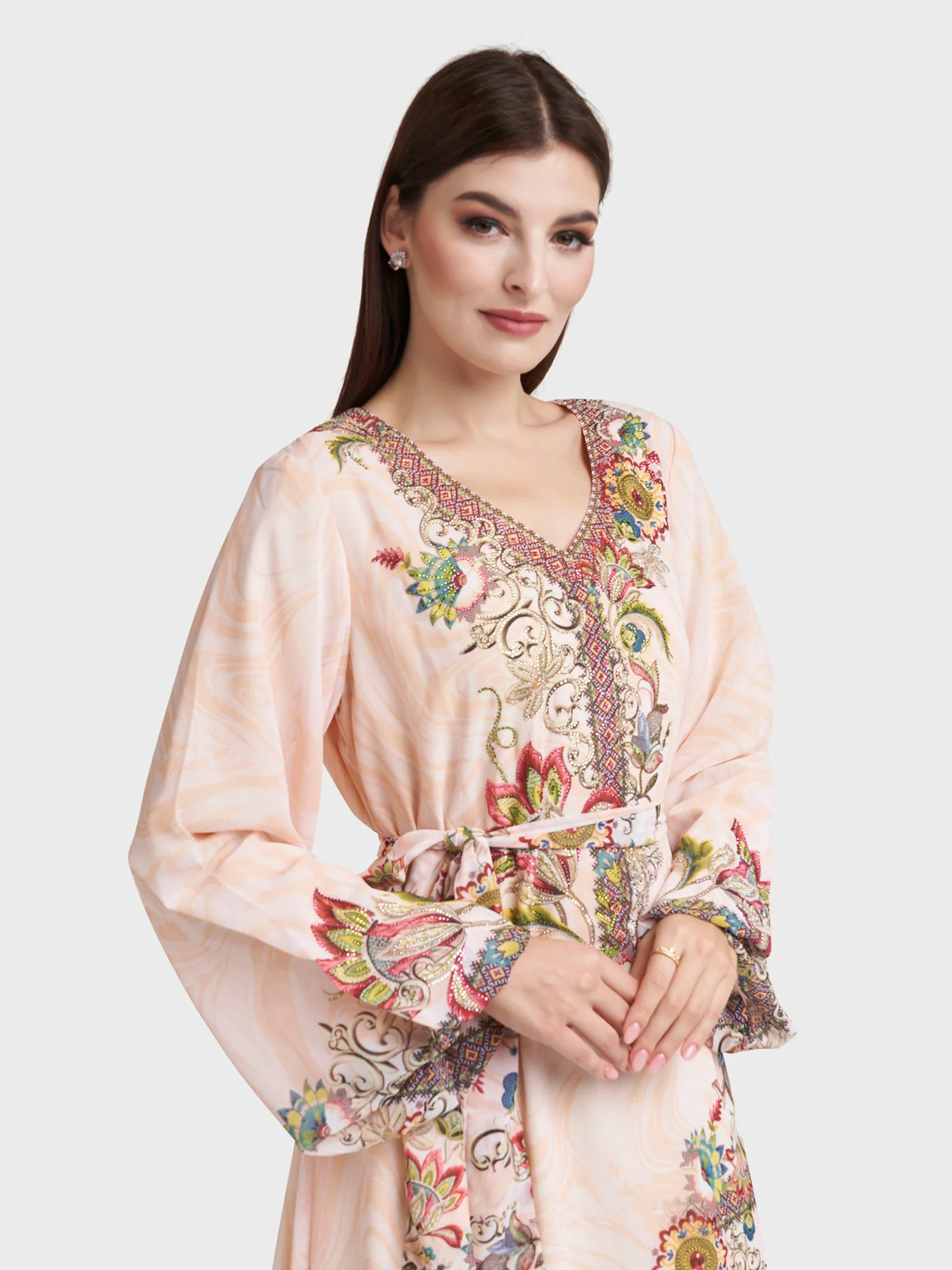 Peach Georgette Abstract Floral Print Dress (VDM936)