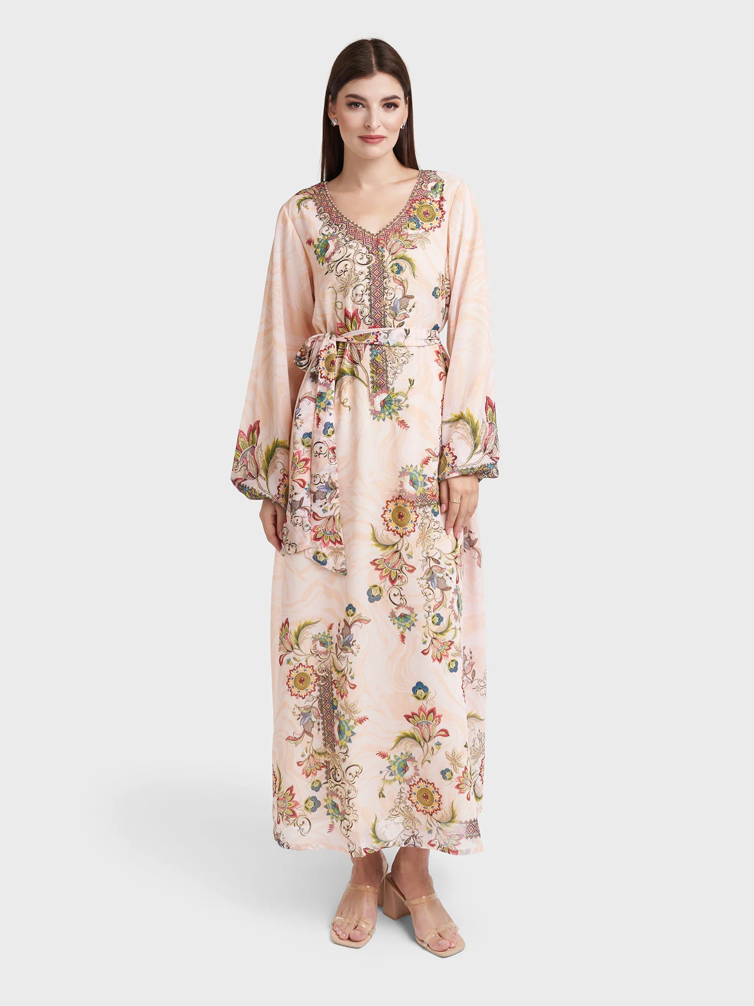 Peach Georgette Abstract Floral Print Dress (VDM936) - Image 2