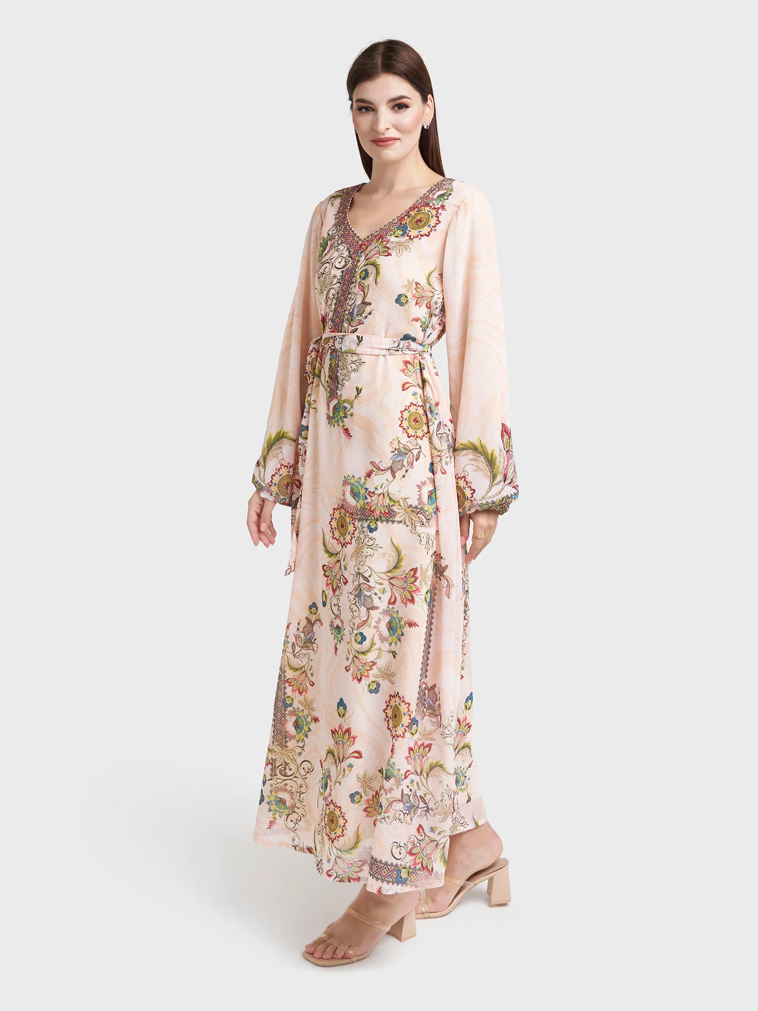 Peach Georgette Abstract Floral Print Dress (VDM936) - Image 3