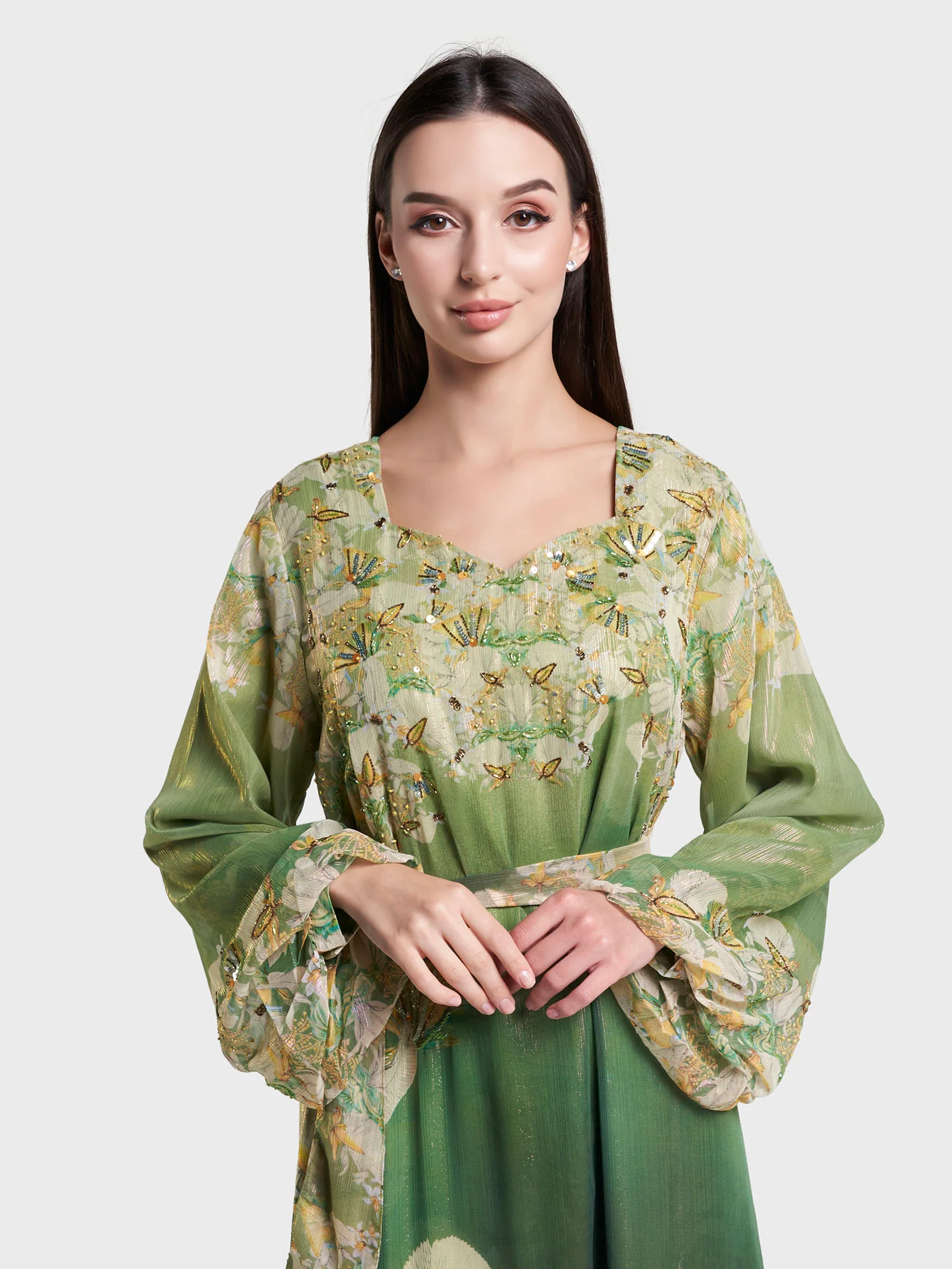 Peacock Green Print Hand Work Long Dress (VDX12)