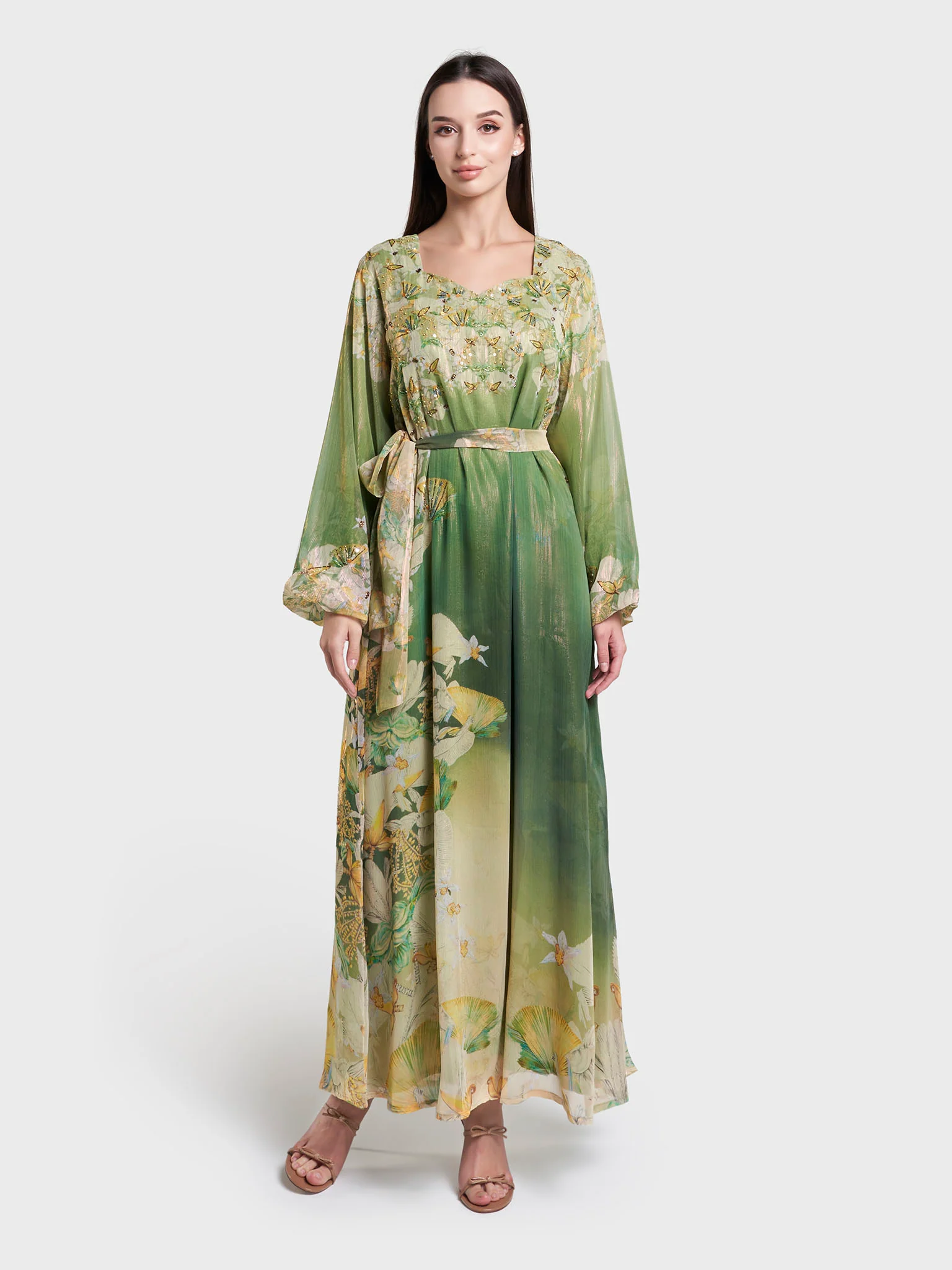 Peacock Green Print Hand Work Long Dress (VDX12) - Image 2