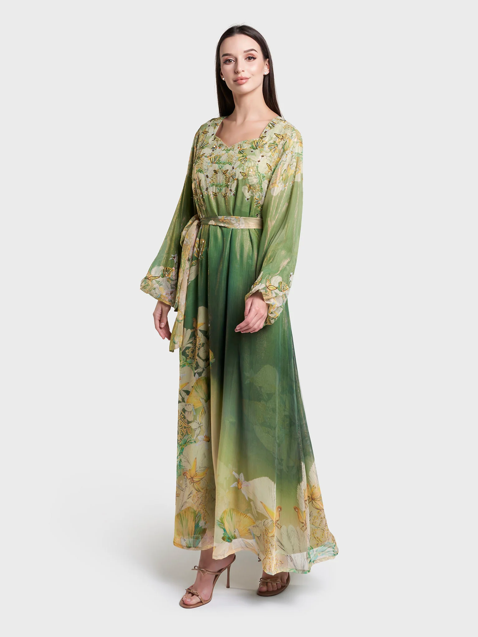 Peacock Green Print Hand Work Long Dress (VDX12) - Image 3