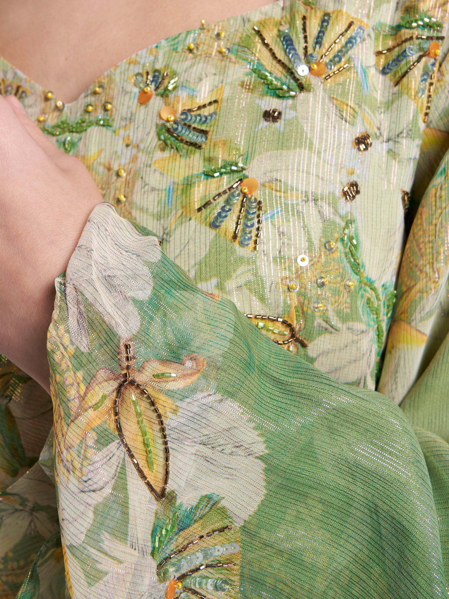 Peacock Green Print Hand Work Long Dress (VDX12) - Image 4