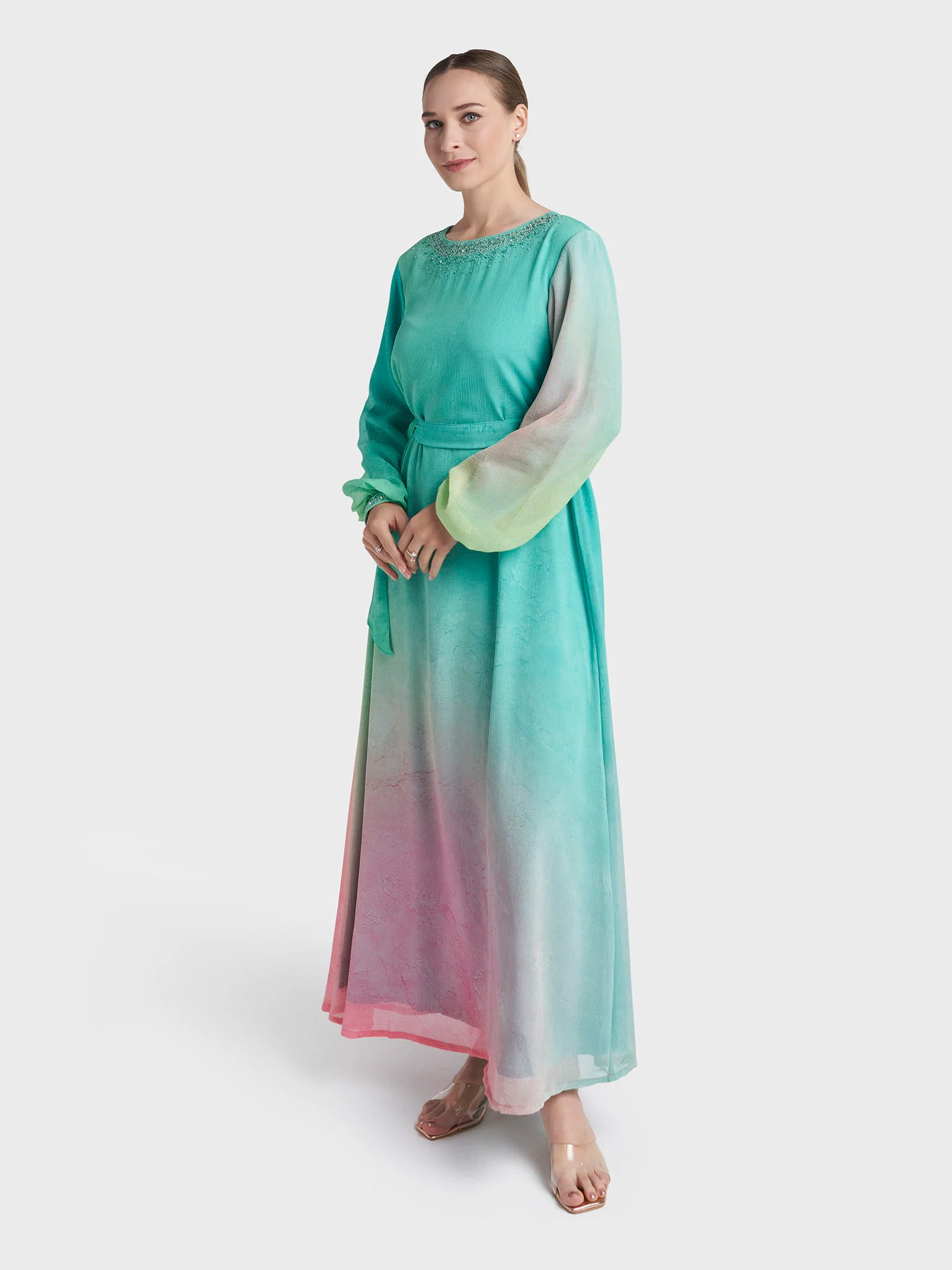 Parrot Green Colour Hand Work Poly Chiffon Dress (VDX17) - Image 3