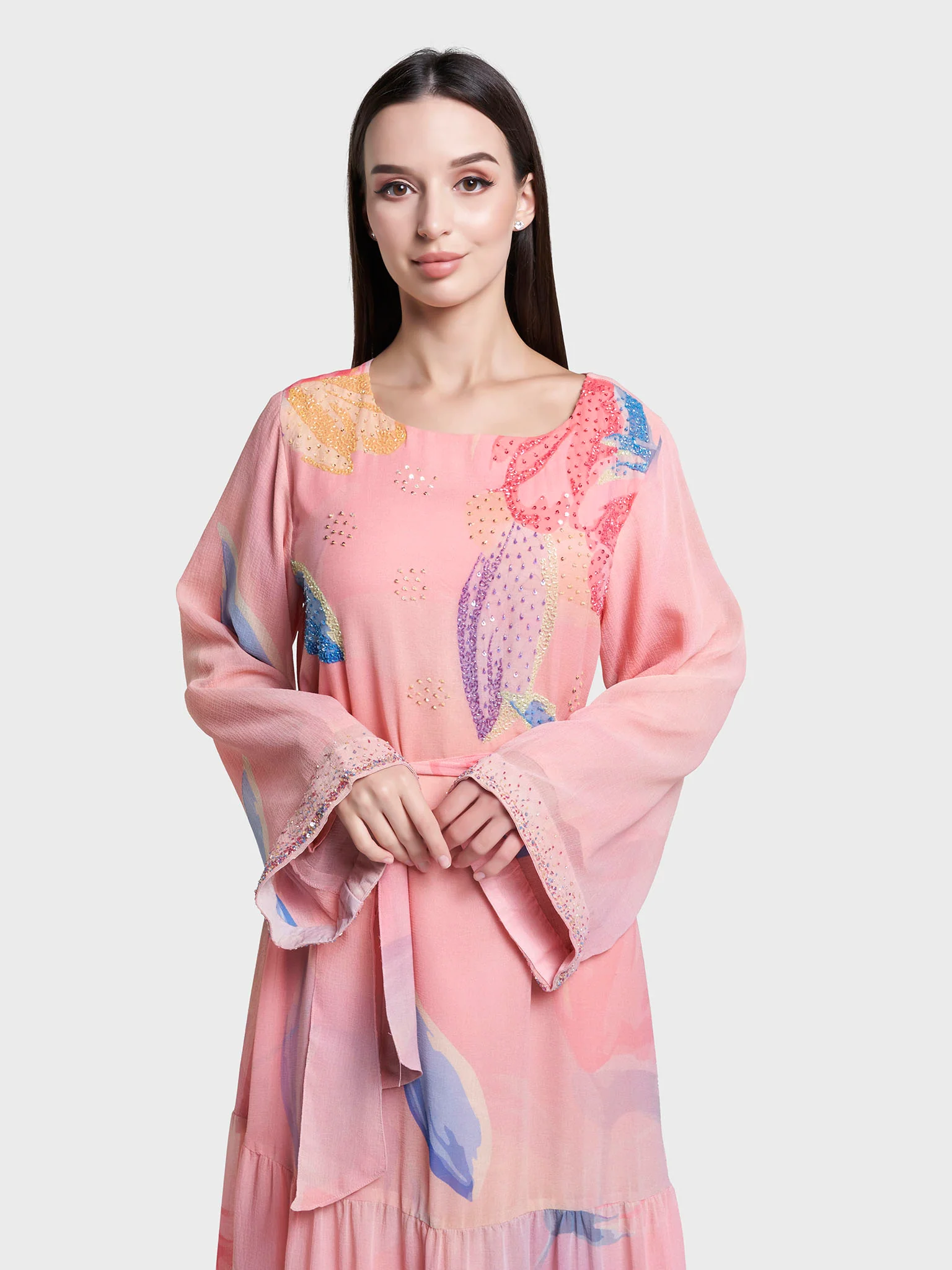 Peach Colour Leaf Print Hand Work Chiffon Long Dress (VDX21)