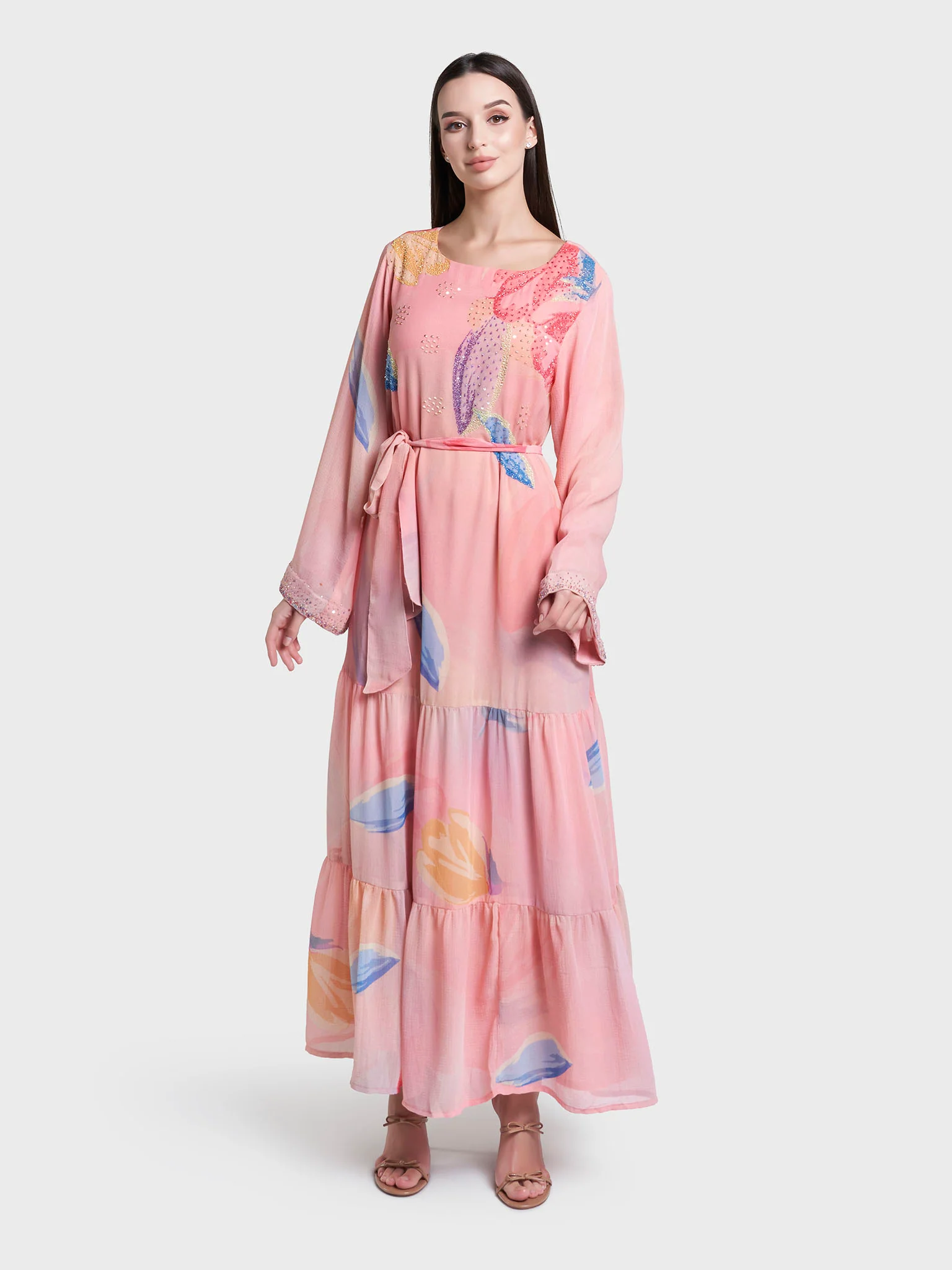 Peach Colour Leaf Print Hand Work Chiffon Long Dress (VDX21) - Image 2