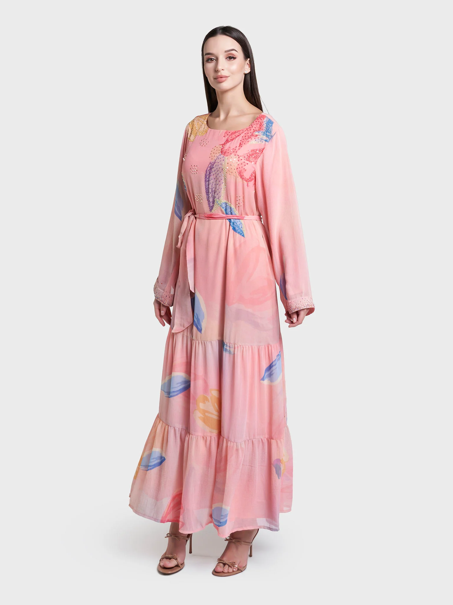 Peach Colour Leaf Print Hand Work Chiffon Long Dress (VDX21) - Image 3
