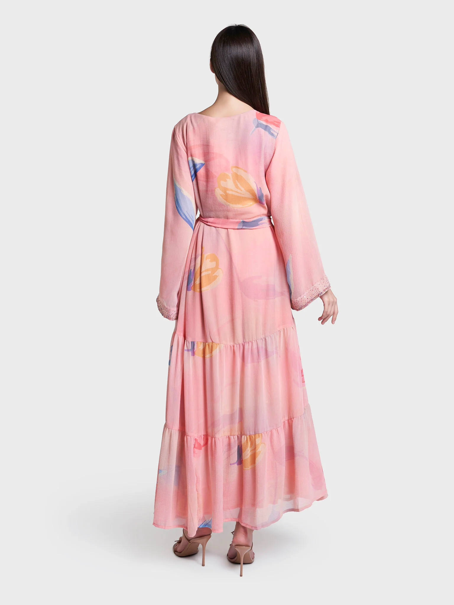Peach Colour Leaf Print Hand Work Chiffon Long Dress (VDX21) - Image 4