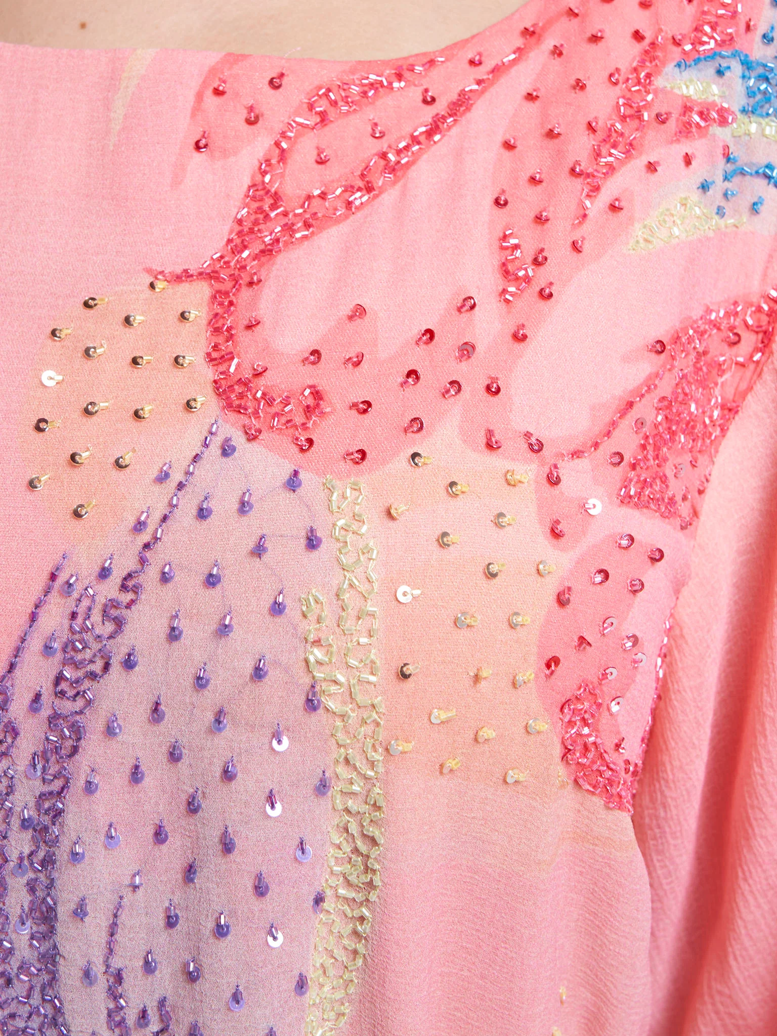 Peach Colour Leaf Print Hand Work Chiffon Long Dress (VDX21) - Image 5