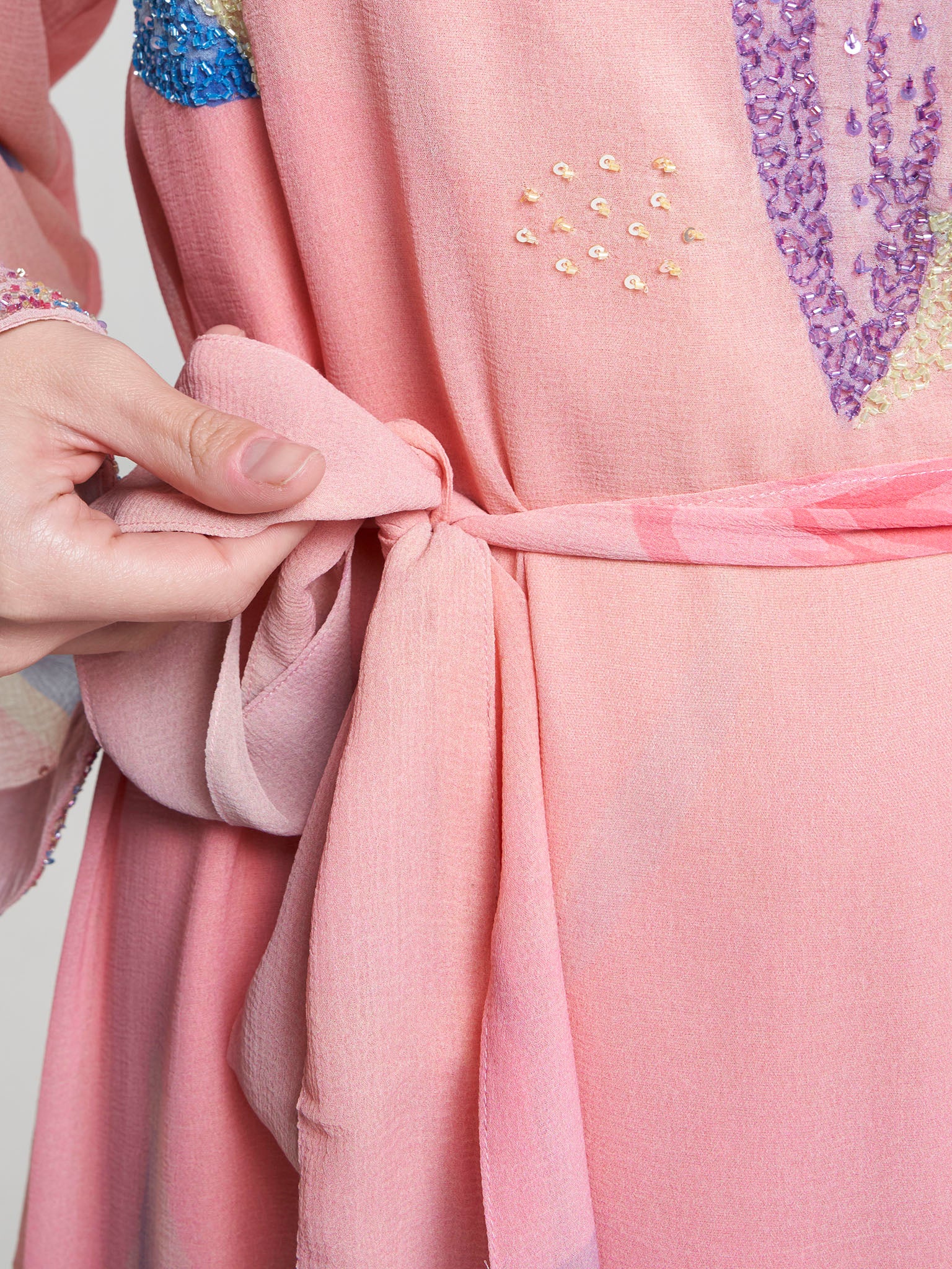 Peach Colour Leaf Print Hand Work Chiffon Long Dress (VDX21) - Image 6