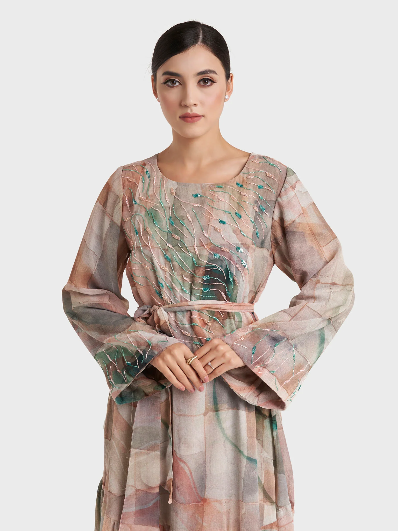 Mocha Abstract Print Chiffon Tiered Handwork Dress (VDX23)