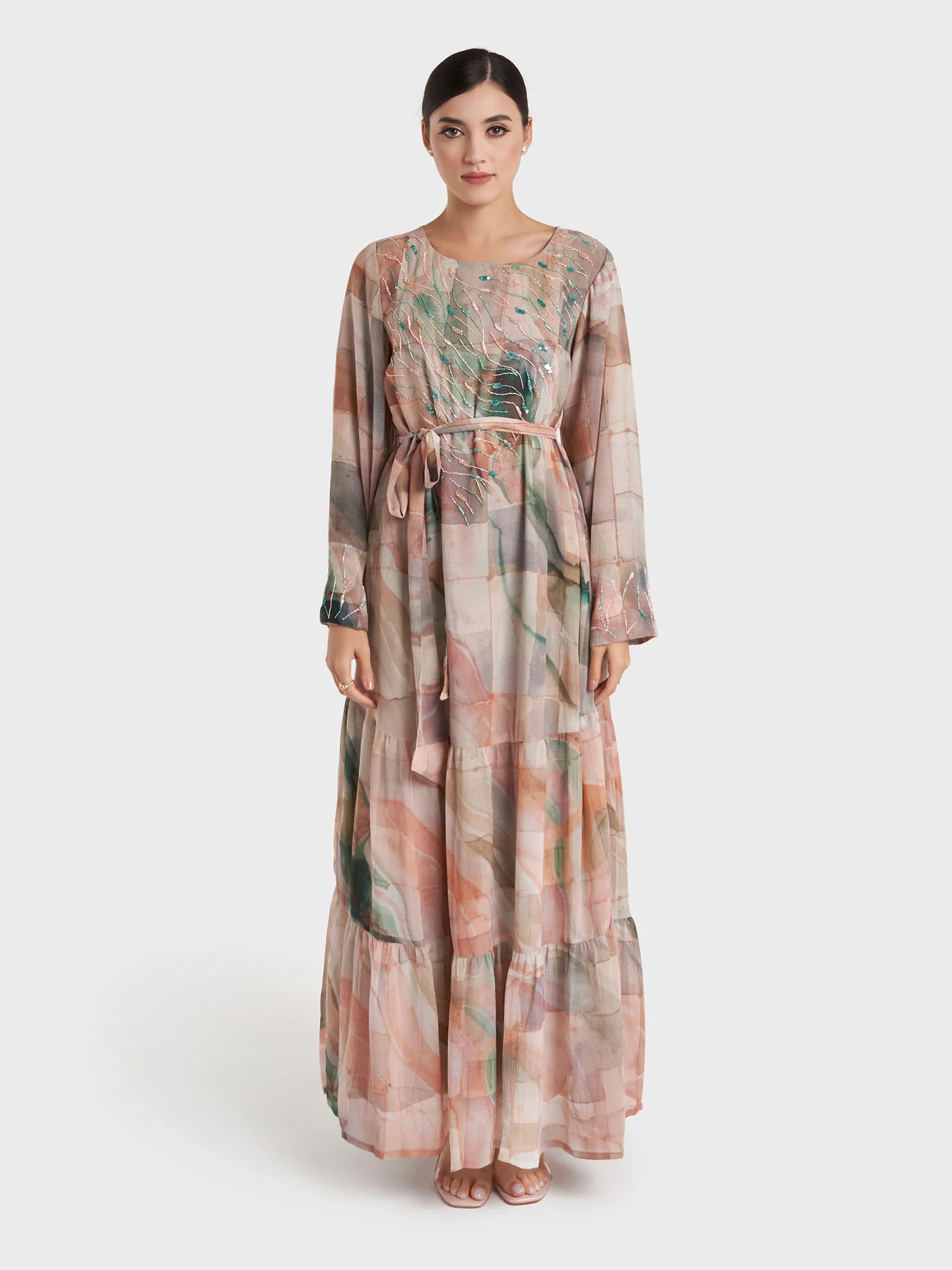 Mocha Abstract Print Chiffon Tiered Handwork Dress (VDX23) - Image 2